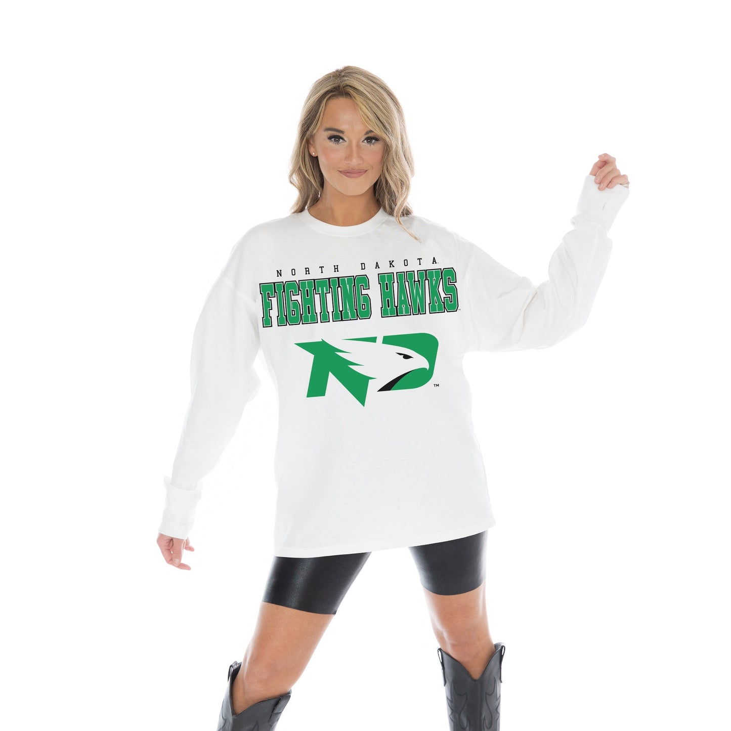 NORTH DAKOTA FIGHTING HAWKS BIG GOALS OVERSIZED MIDWEIGHT LONG SLEEVE TEE WITH RIBBED NECKLINE AND CUFFS