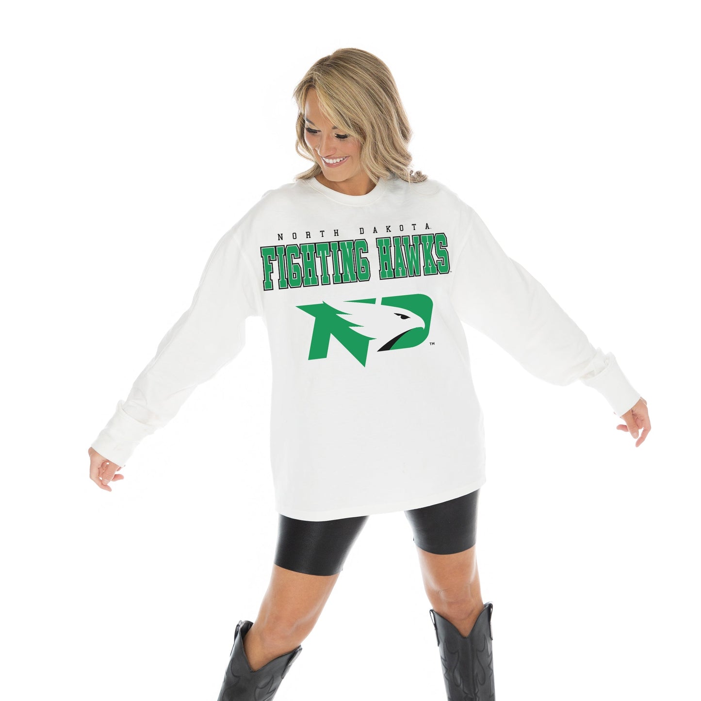 NORTH DAKOTA FIGHTING HAWKS BIG GOALS OVERSIZED MIDWEIGHT LONG SLEEVE TEE WITH RIBBED NECKLINE AND CUFFS