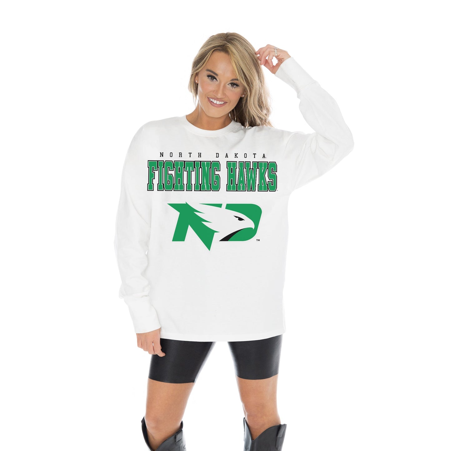 NORTH DAKOTA FIGHTING HAWKS BIG GOALS OVERSIZED MIDWEIGHT LONG SLEEVE TEE WITH RIBBED NECKLINE AND CUFFS