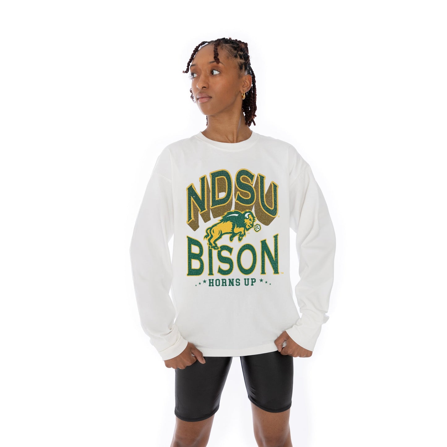 NORTH DAKOTA STATE BISON TIME OUT OVERSIZED MIDWEIGHT LONG SLEEVE TEE WITH RIBBED NECKLINE AND CUFFS