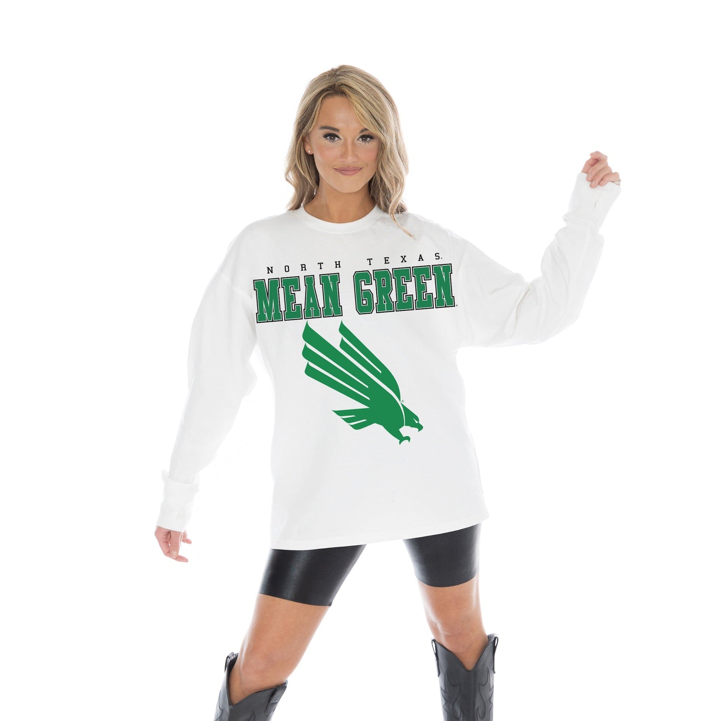 NORTH TEXAS MEAN GREEN BIG GOALS OVERSIZED MIDWEIGHT LONG SLEEVE TEE WITH RIBBED NECKLINE AND CUFFS