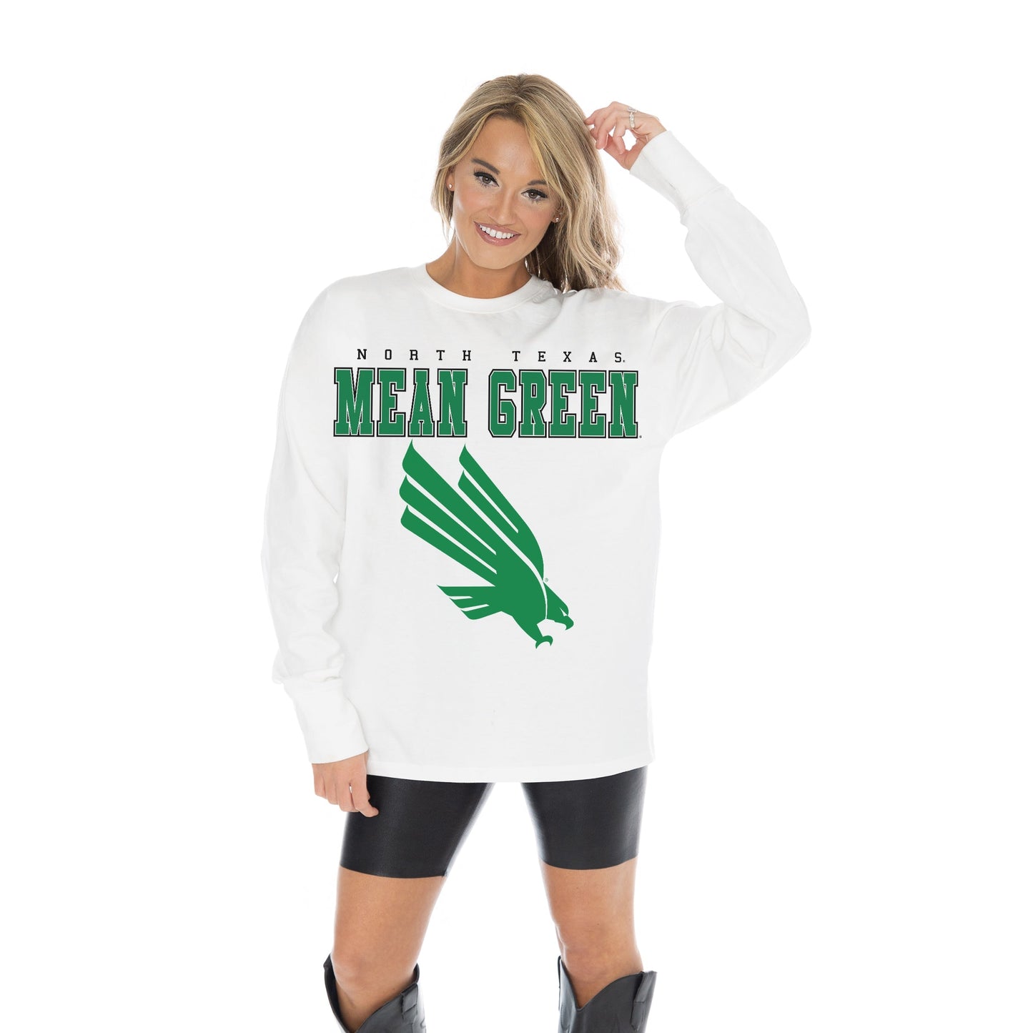 NORTH TEXAS MEAN GREEN BIG GOALS OVERSIZED MIDWEIGHT LONG SLEEVE TEE WITH RIBBED NECKLINE AND CUFFS