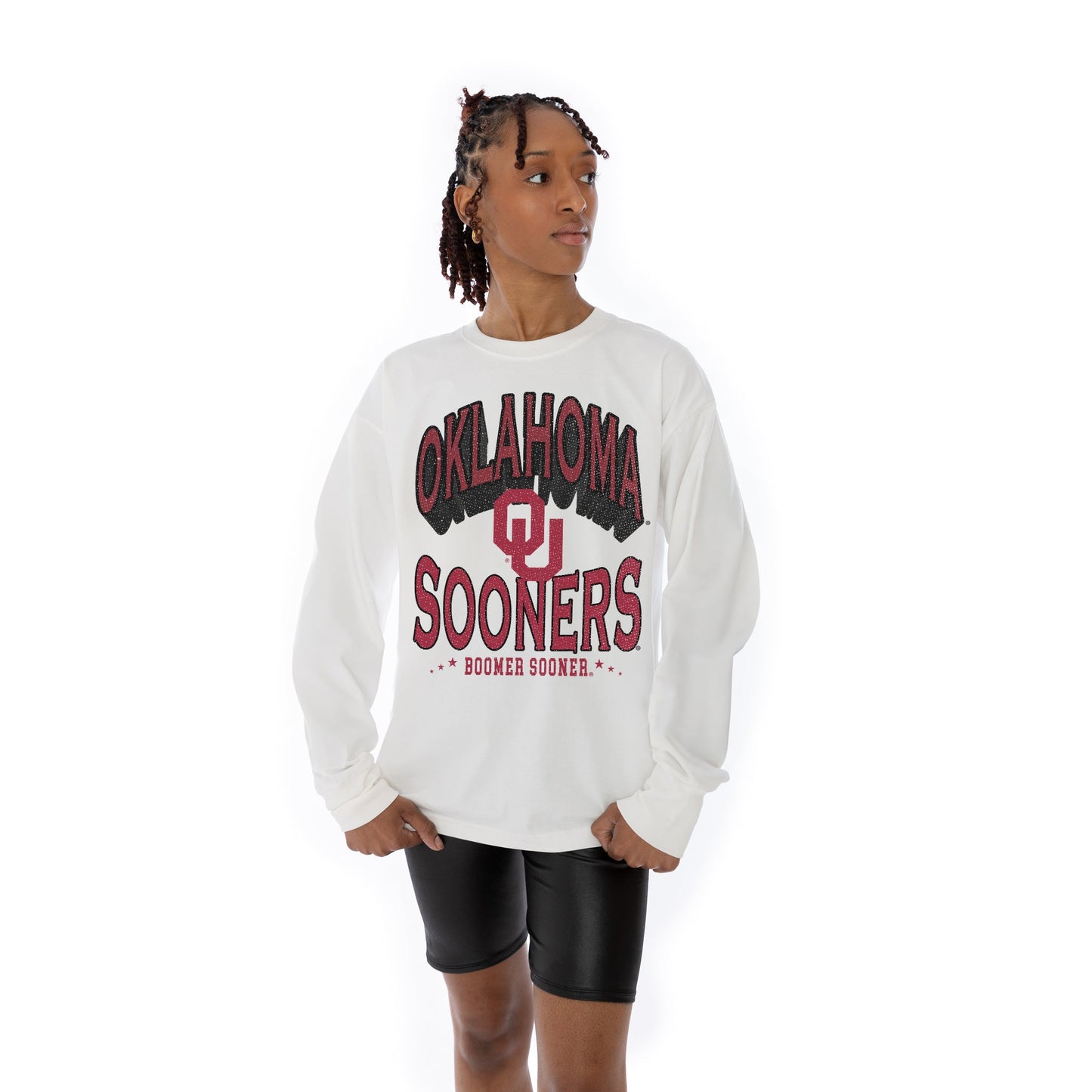 OKLAHOMA SOONERS TIME OUT OVERSIZED MIDWEIGHT LONG SLEEVE TEE WITH RIBBED NECKLINE AND CUFFS