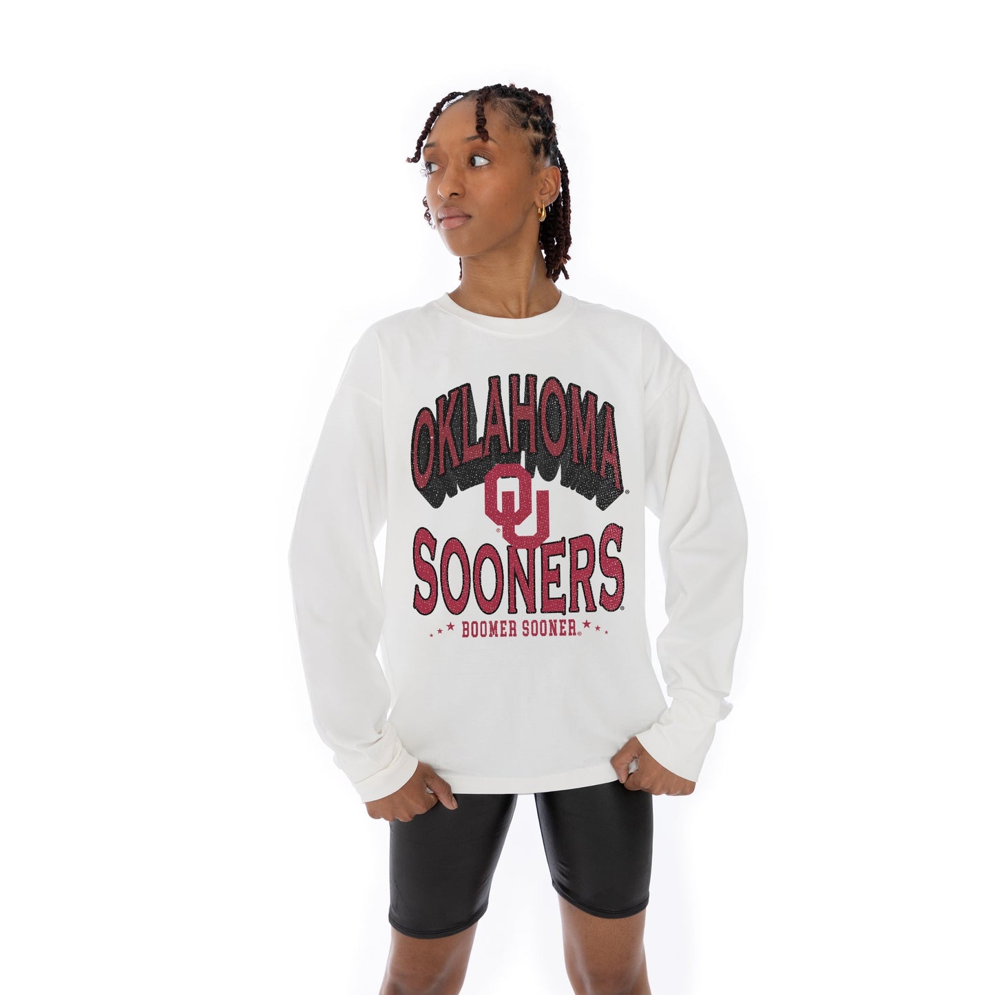 OKLAHOMA SOONERS TIME OUT OVERSIZED MIDWEIGHT LONG SLEEVE TEE WITH RIBBED NECKLINE AND CUFFS