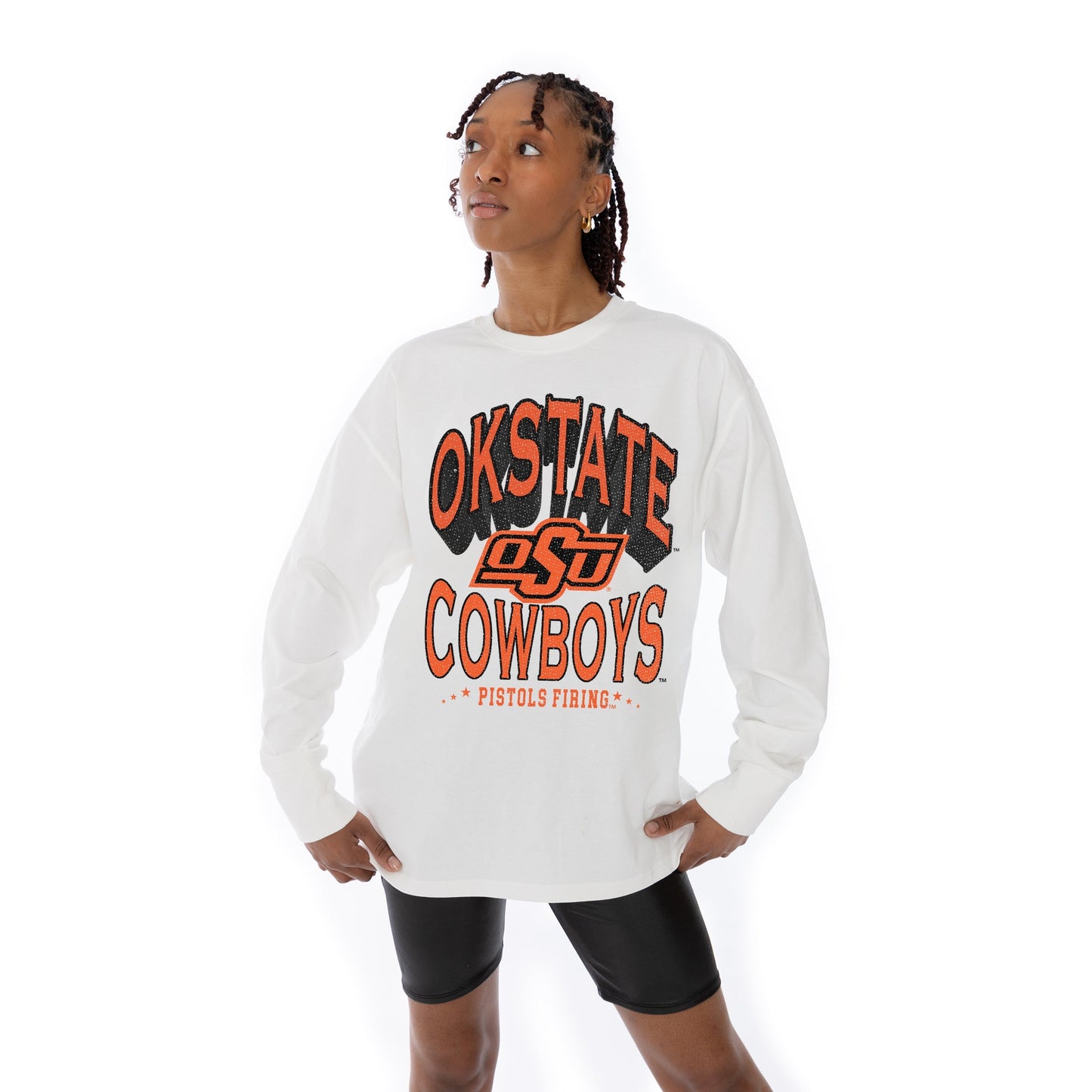 OKLAHOMA STATE COWBOYS TIME OUT OVERSIZED MIDWEIGHT LONG SLEEVE TEE WITH RIBBED NECKLINE AND CUFFS