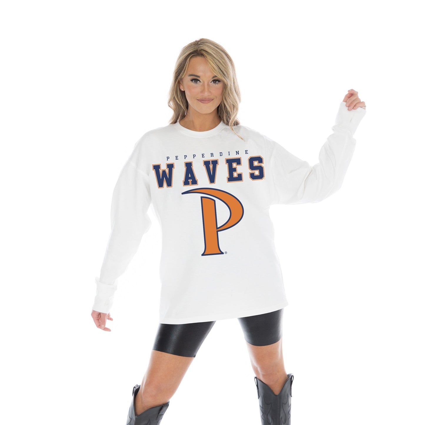 PEPPERDINE WAVES BIG GOALS OVERSIZED MIDWEIGHT LONG SLEEVE TEE WITH RIBBED NECKLINE AND CUFFS