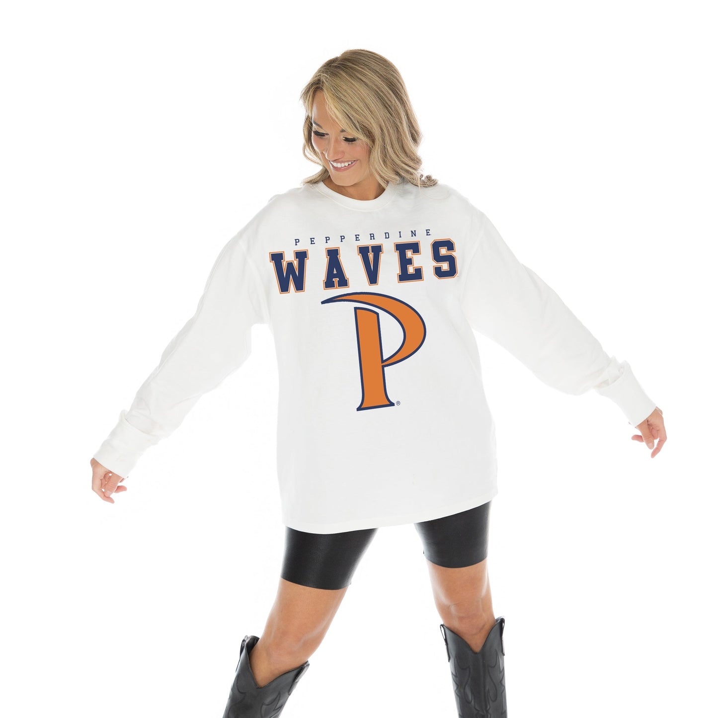 PEPPERDINE WAVES BIG GOALS OVERSIZED MIDWEIGHT LONG SLEEVE TEE WITH RIBBED NECKLINE AND CUFFS