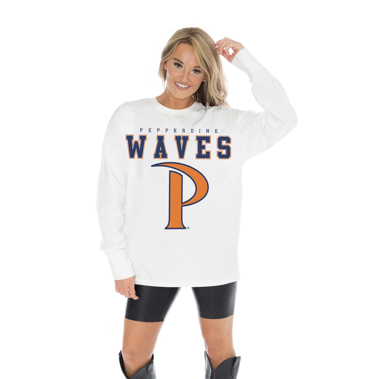 PEPPERDINE WAVES BIG GOALS OVERSIZED MIDWEIGHT LONG SLEEVE TEE WITH RIBBED NECKLINE AND CUFFS