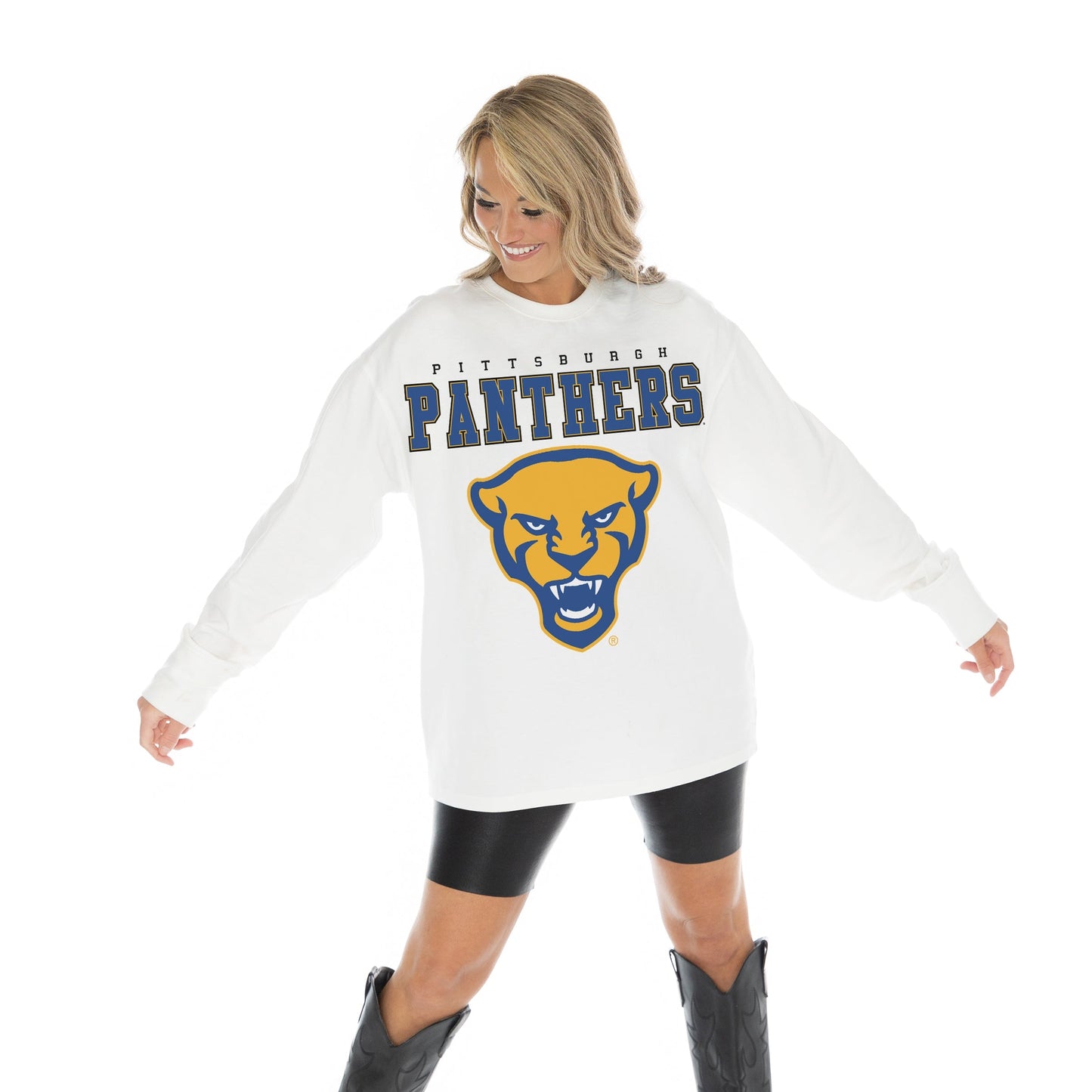PITTSBURGH PANTHERS BIG GOALS OVERSIZED MIDWEIGHT LONG SLEEVE TEE WITH RIBBED NECKLINE AND CUFFS