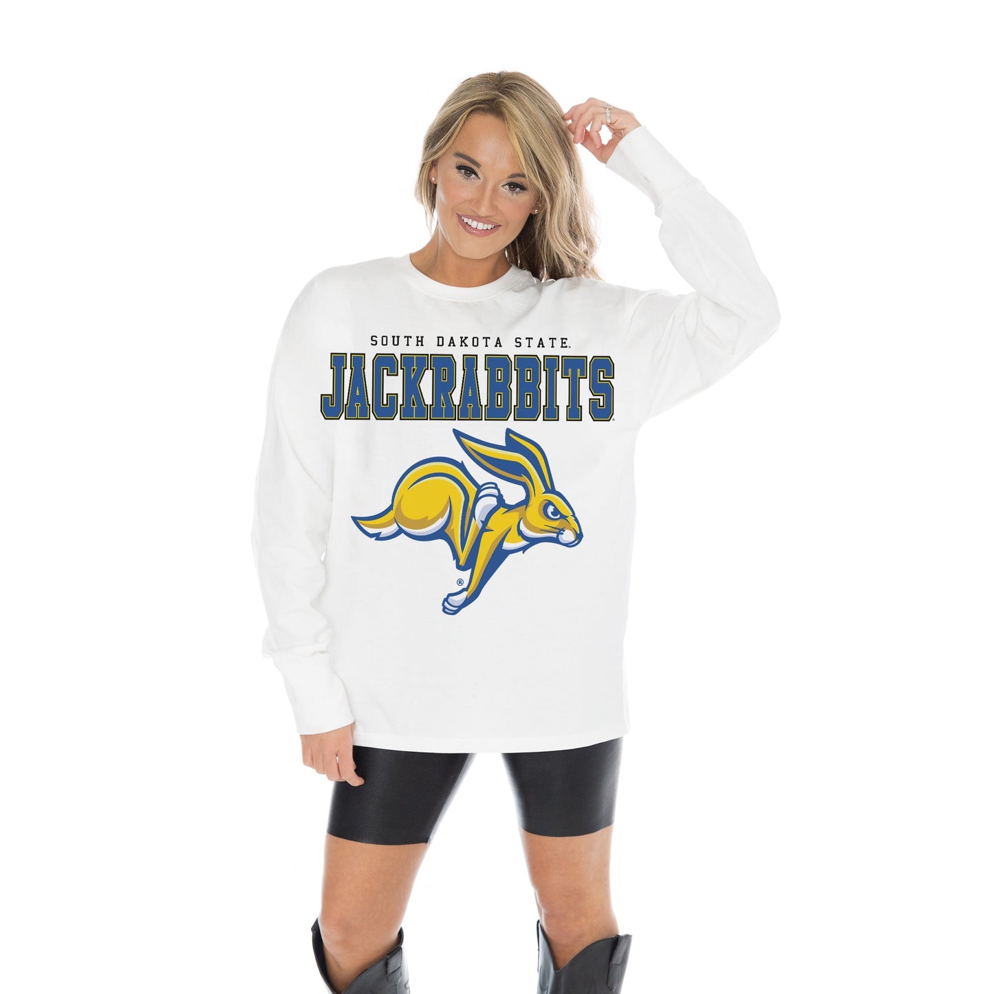 SOUTH DAKOTA STATE JACKRABBITS BIG GOALS OVERSIZED MIDWEIGHT LONG SLEEVE TEE WITH RIBBED NECKLINE AND CUFFS