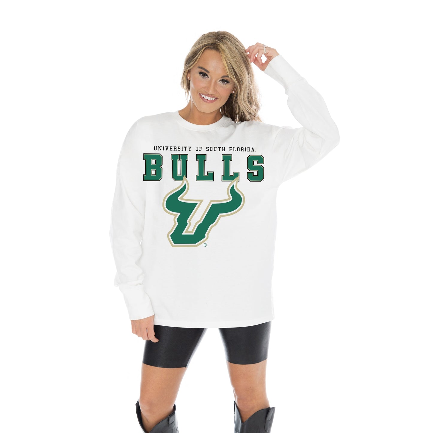 SOUTH FLORIDA BULLS BIG GOALS OVERSIZED MIDWEIGHT LONG SLEEVE TEE WITH RIBBED NECKLINE AND CUFFS