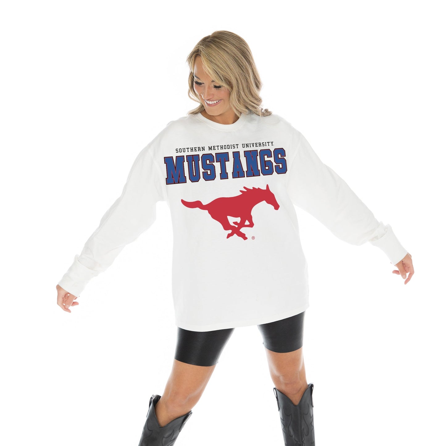 SMU MUSTANGS BIG GOALS OVERSIZED MIDWEIGHT LONG SLEEVE TEE WITH RIBBED NECKLINE AND CUFFS