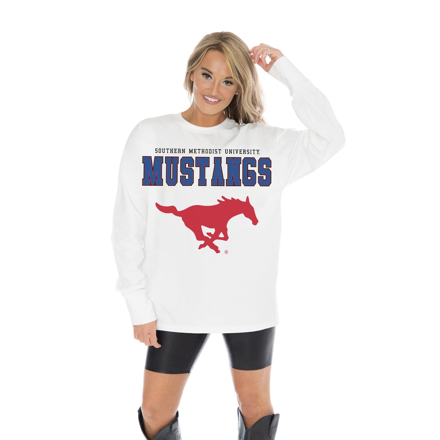 SMU MUSTANGS BIG GOALS OVERSIZED MIDWEIGHT LONG SLEEVE TEE WITH RIBBED NECKLINE AND CUFFS