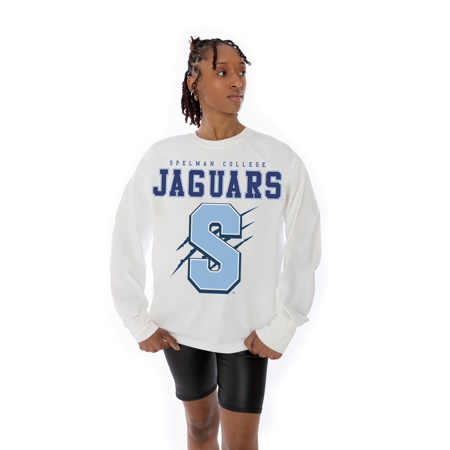SPELMAN COLLEGE JAGUARS BIG GOALS OVERSIZED MIDWEIGHT LONG SLEEVE TEE WITH RIBBED NECKLINE AND CUFFS