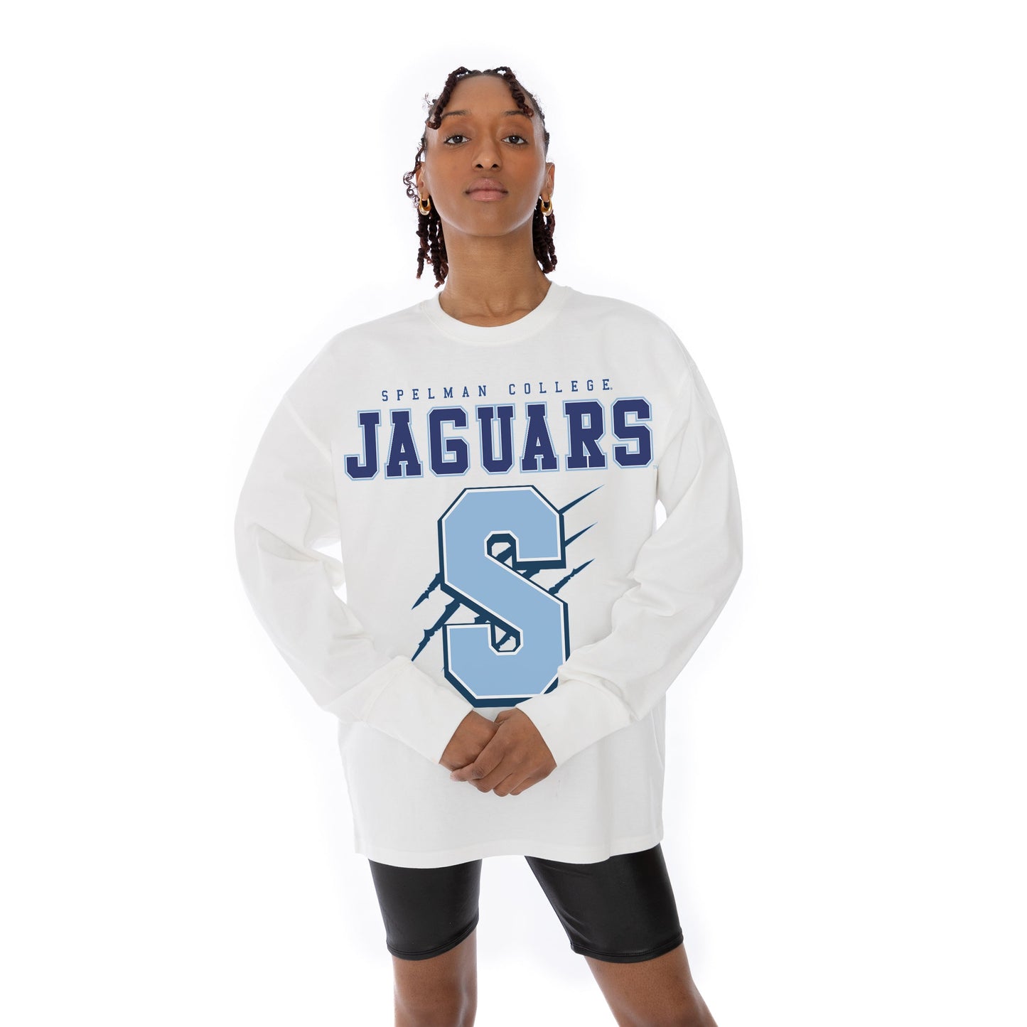 SPELMAN COLLEGE JAGUARS BIG GOALS OVERSIZED MIDWEIGHT LONG SLEEVE TEE WITH RIBBED NECKLINE AND CUFFS