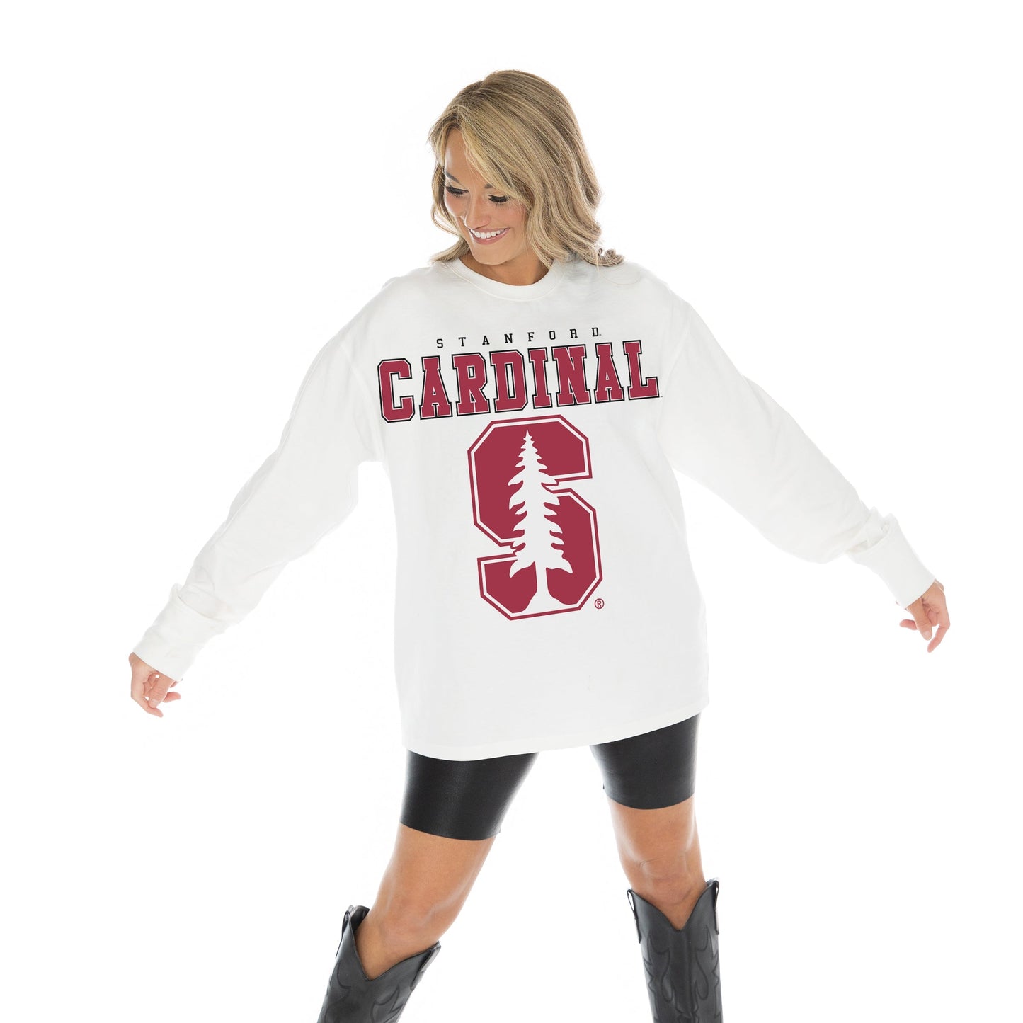 STANFORD CARDINAL BIG GOALS OVERSIZED MIDWEIGHT LONG SLEEVE TEE WITH RIBBED NECKLINE AND CUFFS