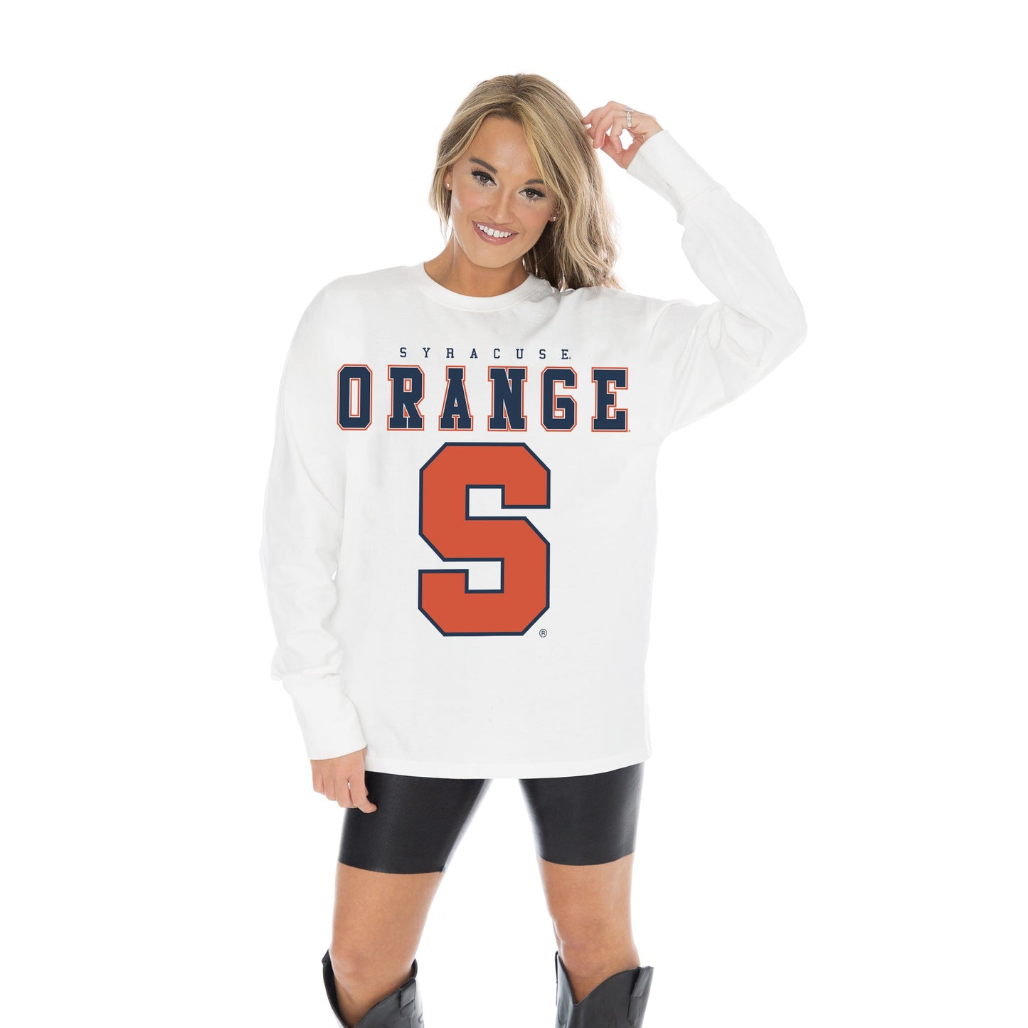 SYRACUSE ORANGE BIG GOALS OVERSIZED MIDWEIGHT LONG SLEEVE TEE WITH RIBBED NECKLINE AND CUFFS