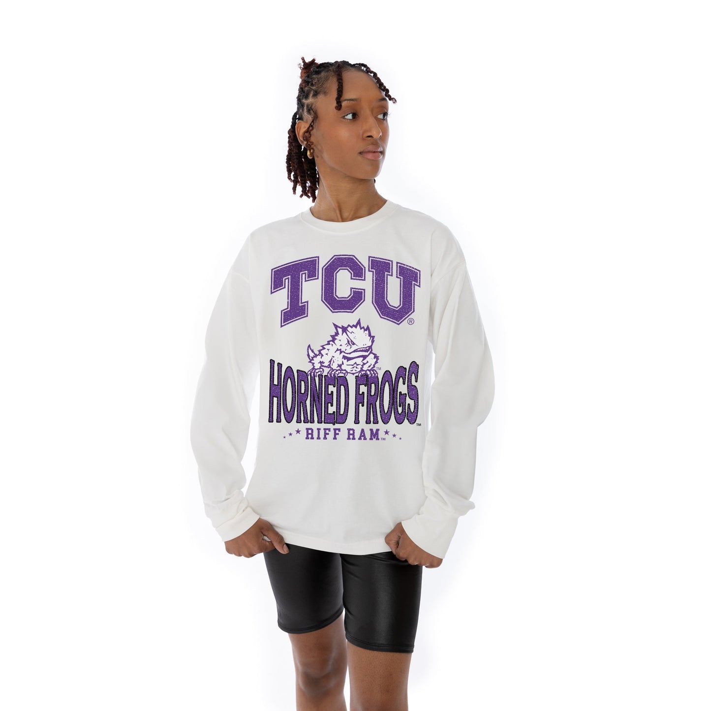 TCU HORNED FROGS TIME OUT OVERSIZED MIDWEIGHT LONG SLEEVE TEE WITH RIBBED NECKLINE AND CUFFS