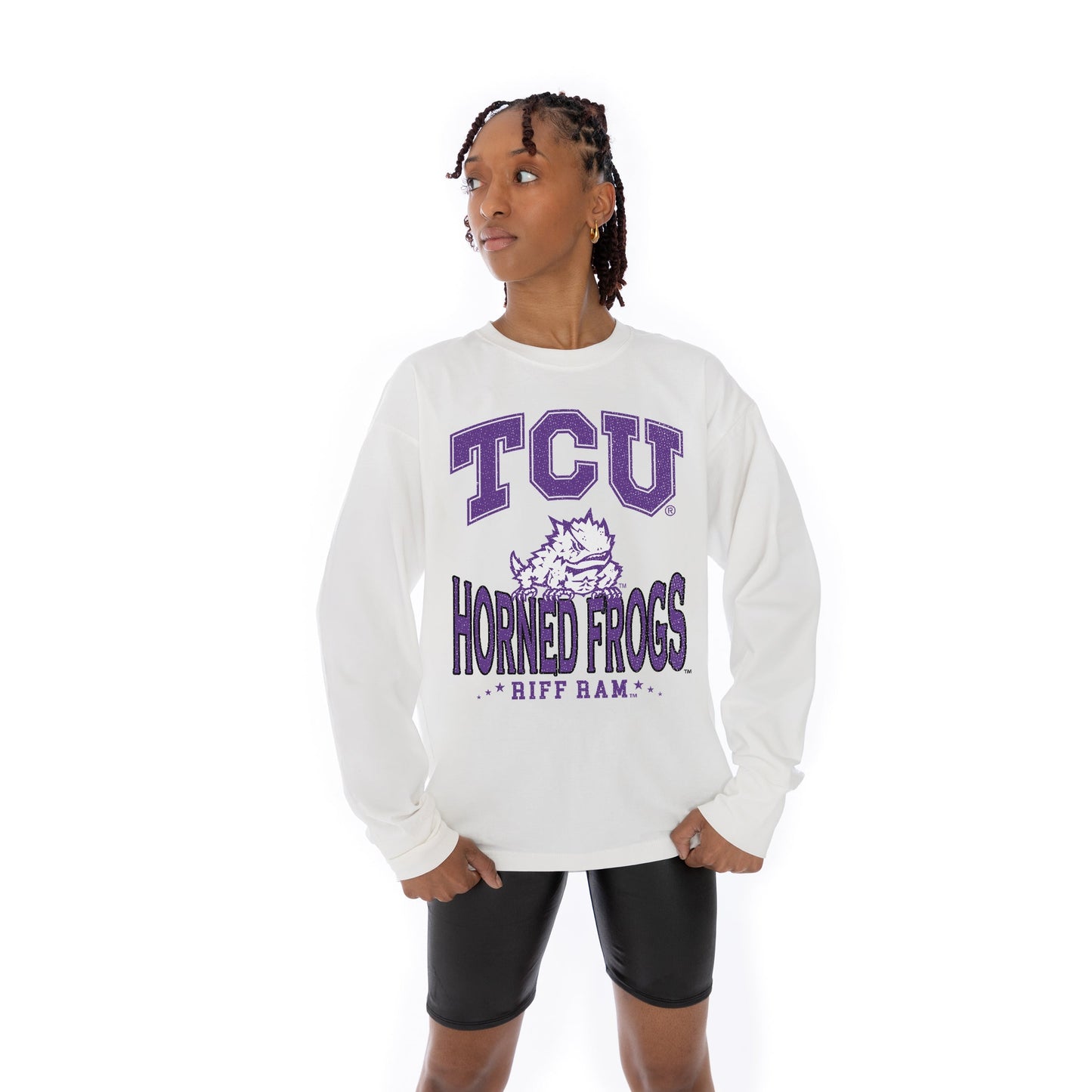 TCU HORNED FROGS TIME OUT OVERSIZED MIDWEIGHT LONG SLEEVE TEE WITH RIBBED NECKLINE AND CUFFS