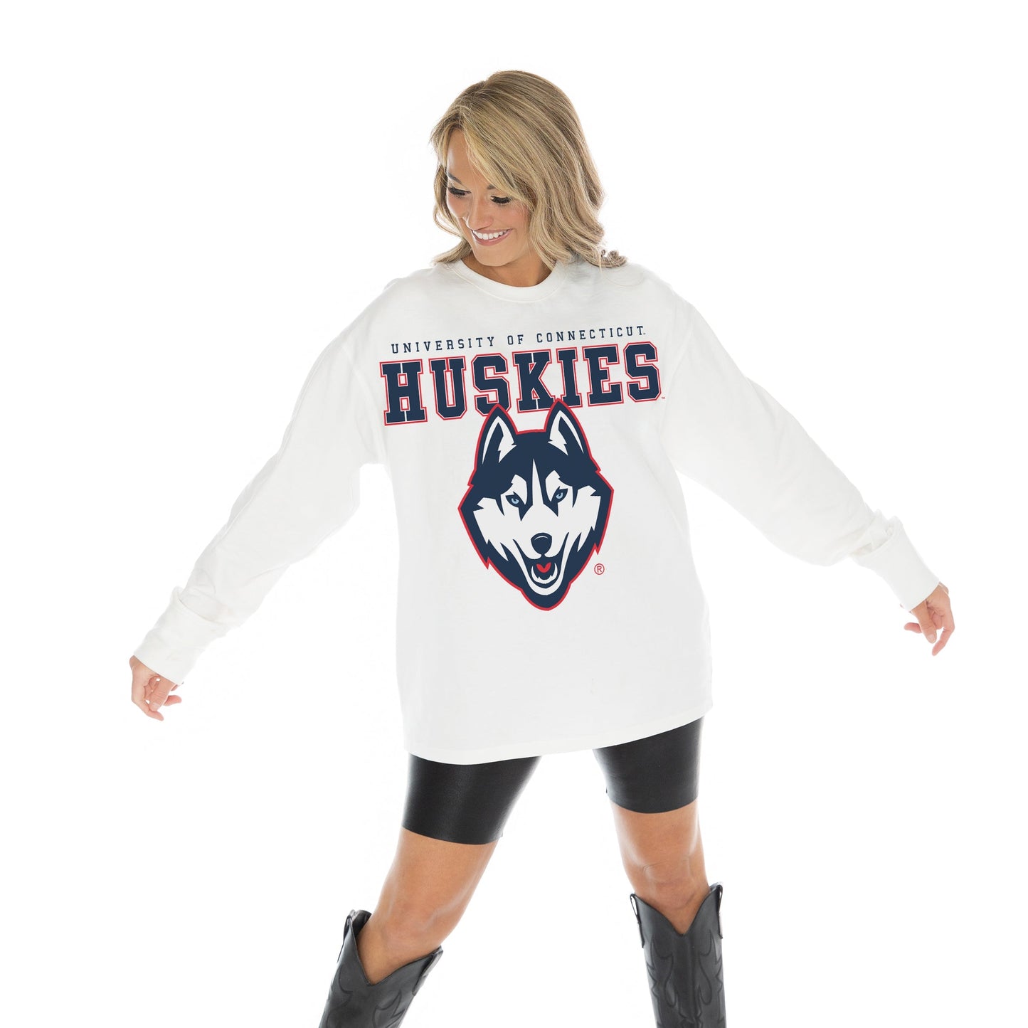 UCONN HUSKIES BIG GOALS OVERSIZED MIDWEIGHT LONG SLEEVE TEE WITH RIBBED NECKLINE AND CUFFS