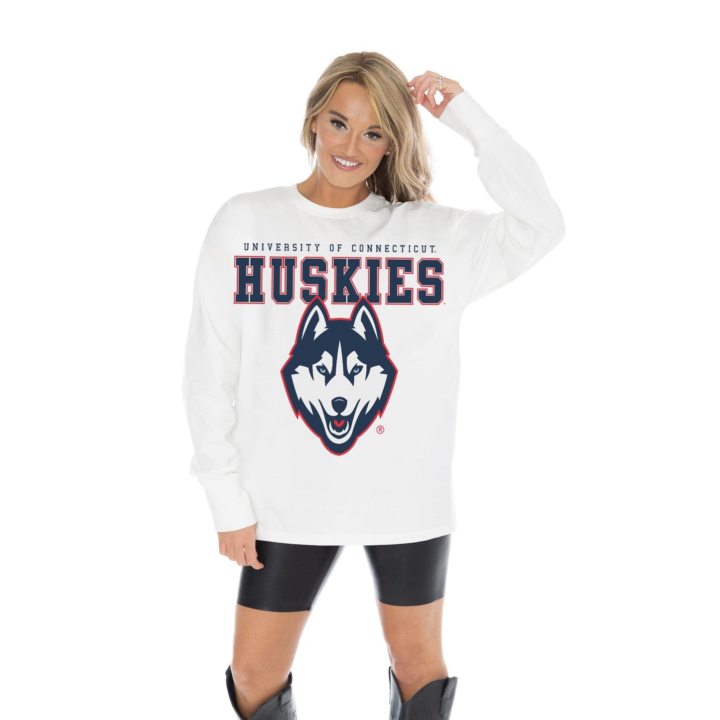 UCONN HUSKIES BIG GOALS OVERSIZED MIDWEIGHT LONG SLEEVE TEE WITH RIBBED NECKLINE AND CUFFS