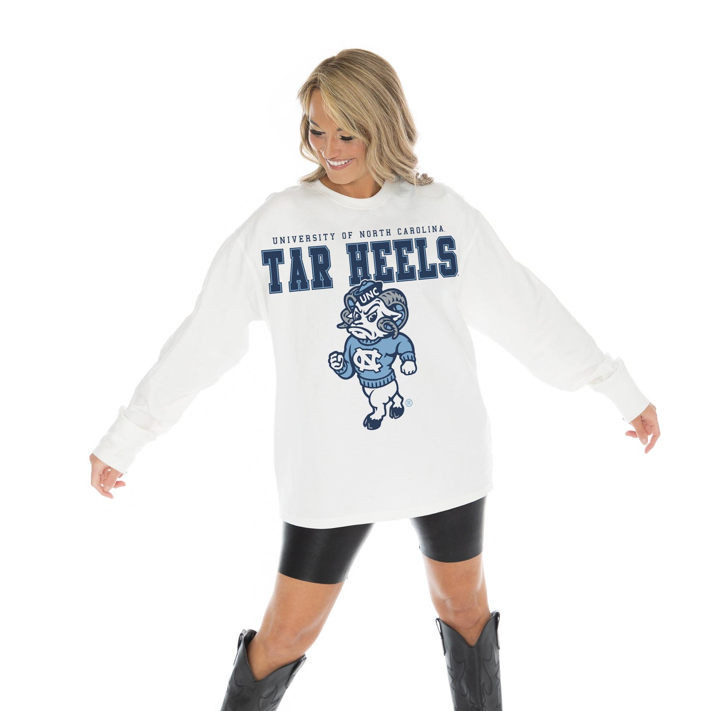 NORTH CAROLINA TAR HEELS BIG GOALS OVERSIZED MIDWEIGHT LONG SLEEVE TEE WITH RIBBED NECKLINE AND CUFFS