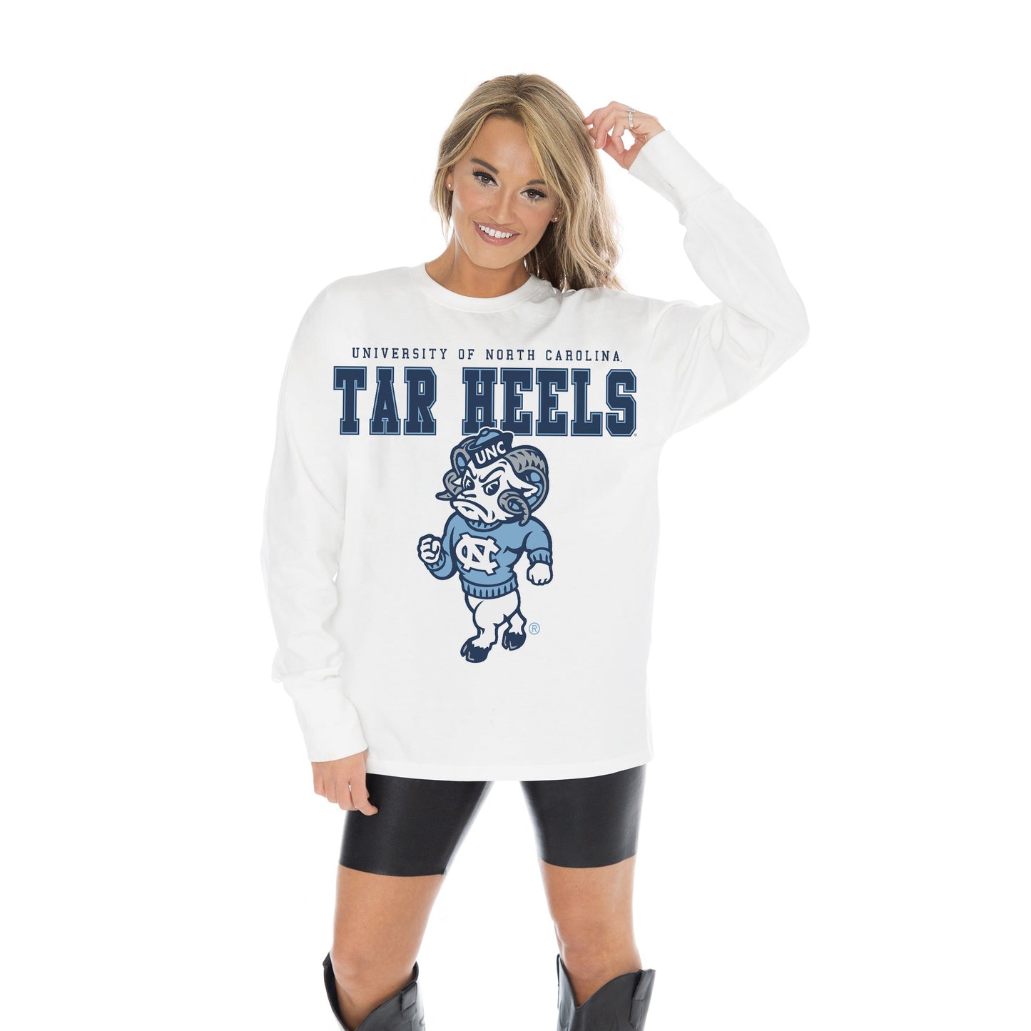 NORTH CAROLINA TAR HEELS BIG GOALS OVERSIZED MIDWEIGHT LONG SLEEVE TEE WITH RIBBED NECKLINE AND CUFFS