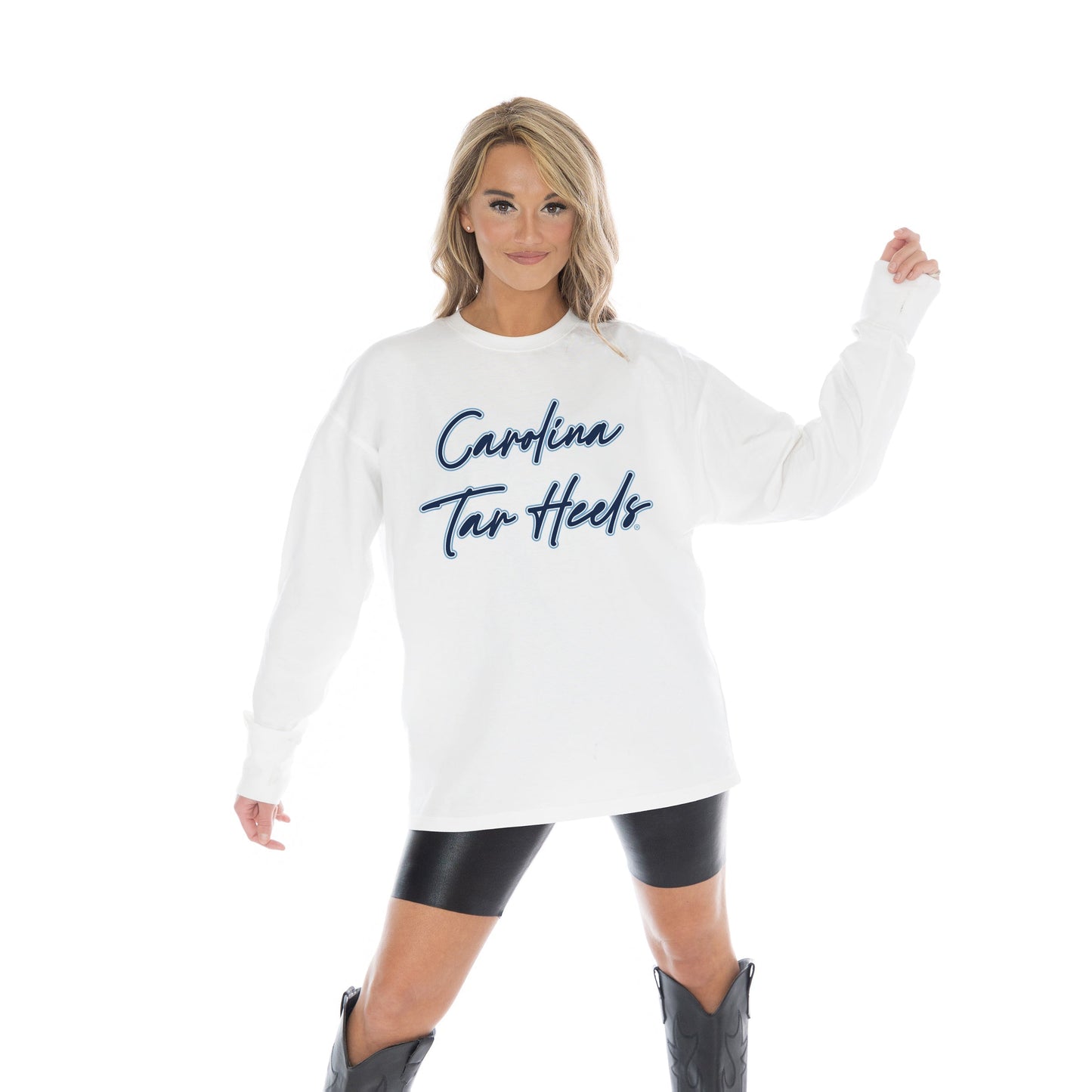 NORTH CAROLINA TAR HEELS CLASSIC COMEBACK OVERSIZED MIDWEIGHT LONG SLEEVE TEE WITH RIBBED NECKLINE AND CUFFS