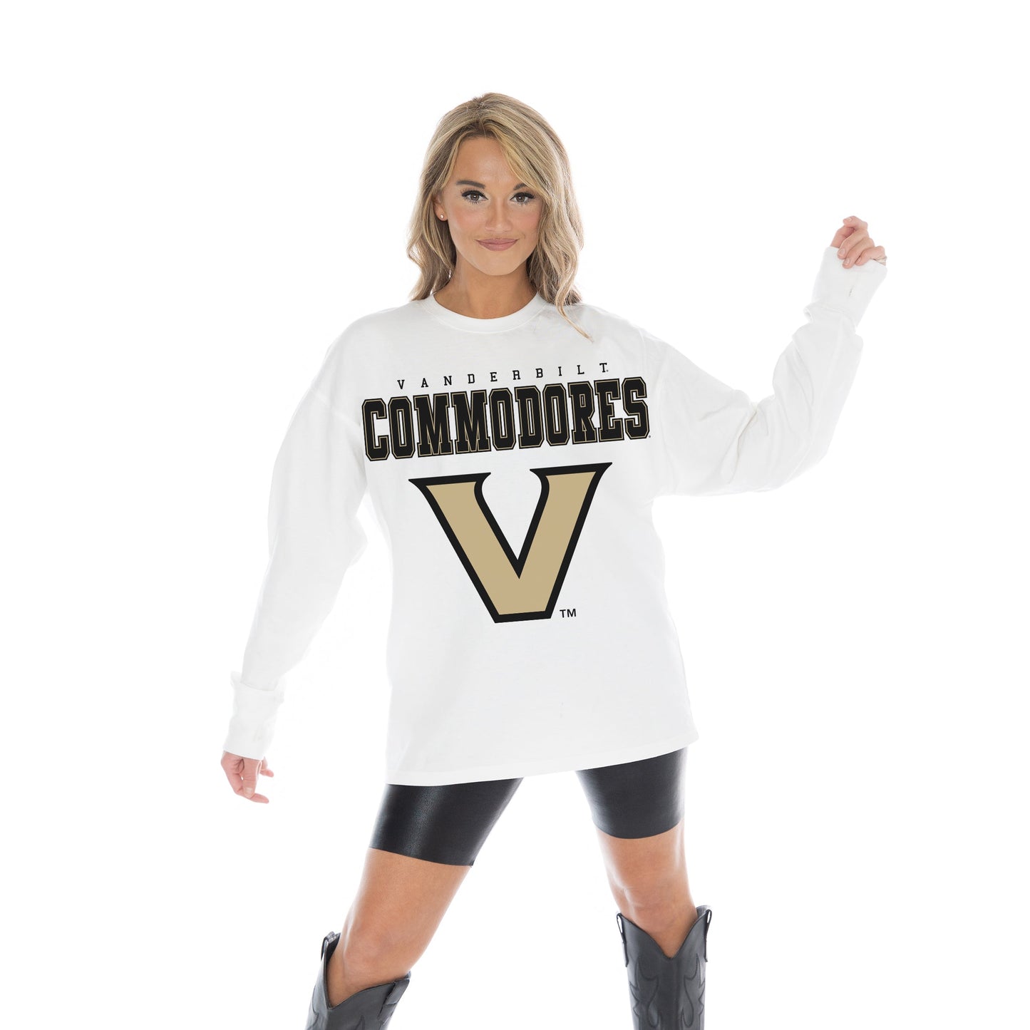 VANDERBILT COMMODORES BIG GOALS OVERSIZED MIDWEIGHT LONG SLEEVE TEE WITH RIBBED NECKLINE AND CUFFS