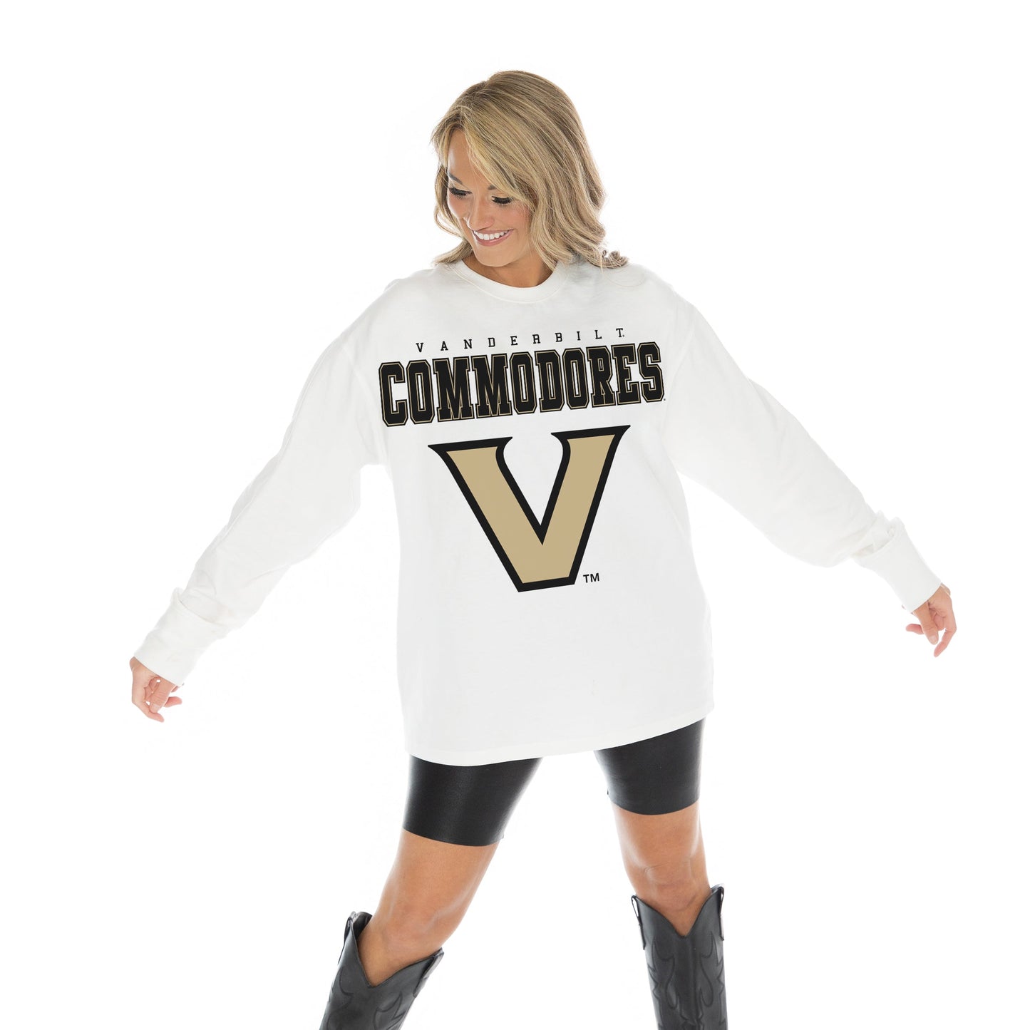 VANDERBILT COMMODORES BIG GOALS OVERSIZED MIDWEIGHT LONG SLEEVE TEE WITH RIBBED NECKLINE AND CUFFS