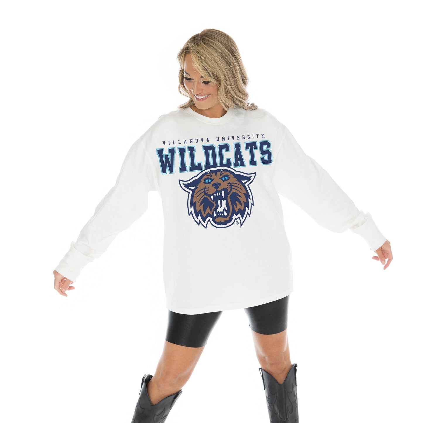 VILLANOVA WILDCATS BIG GOALS OVERSIZED MIDWEIGHT LONG SLEEVE TEE WITH RIBBED NECKLINE AND CUFFS
