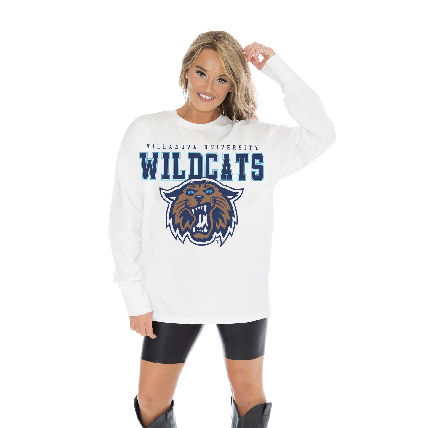 VILLANOVA WILDCATS BIG GOALS OVERSIZED MIDWEIGHT LONG SLEEVE TEE WITH RIBBED NECKLINE AND CUFFS