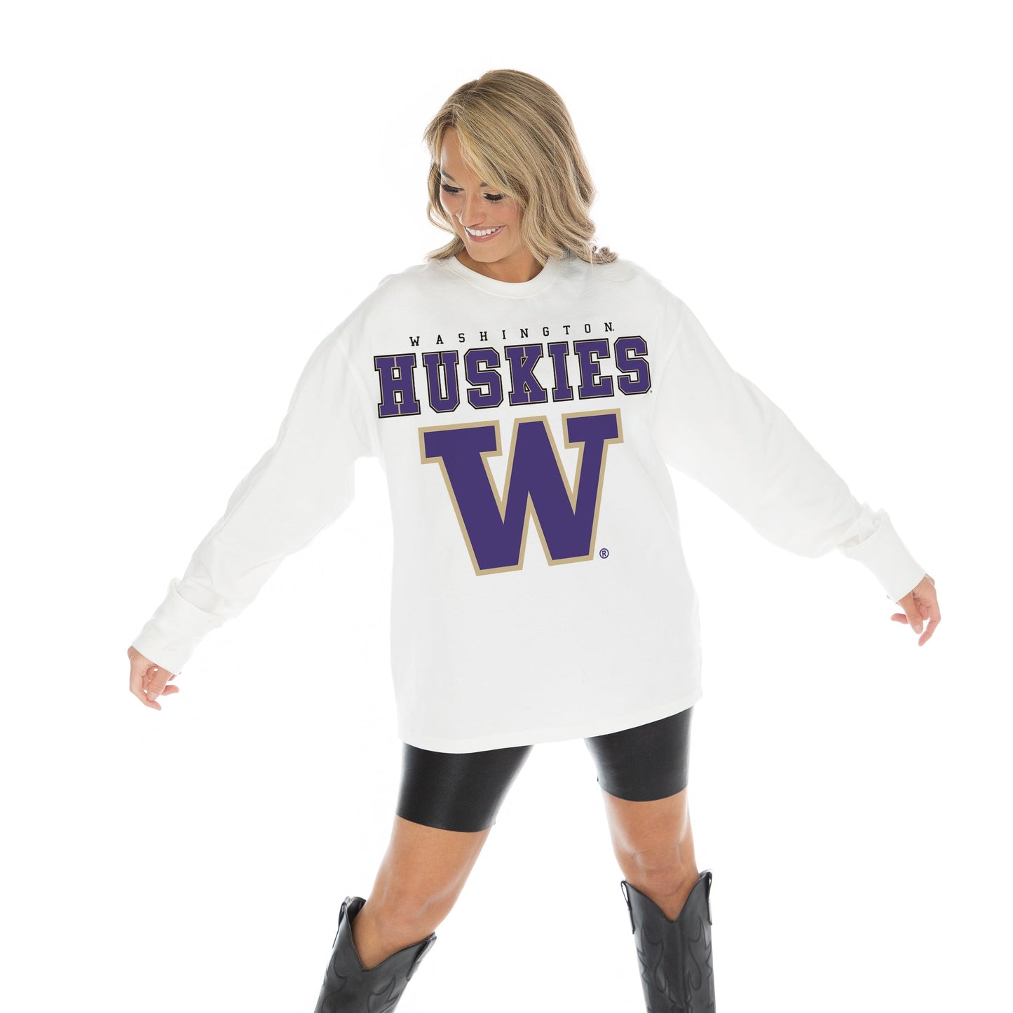WASHINGTON HUSKIES BIG GOALS OVERSIZED MIDWEIGHT LONG SLEEVE TEE WITH RIBBED NECKLINE AND CUFFS