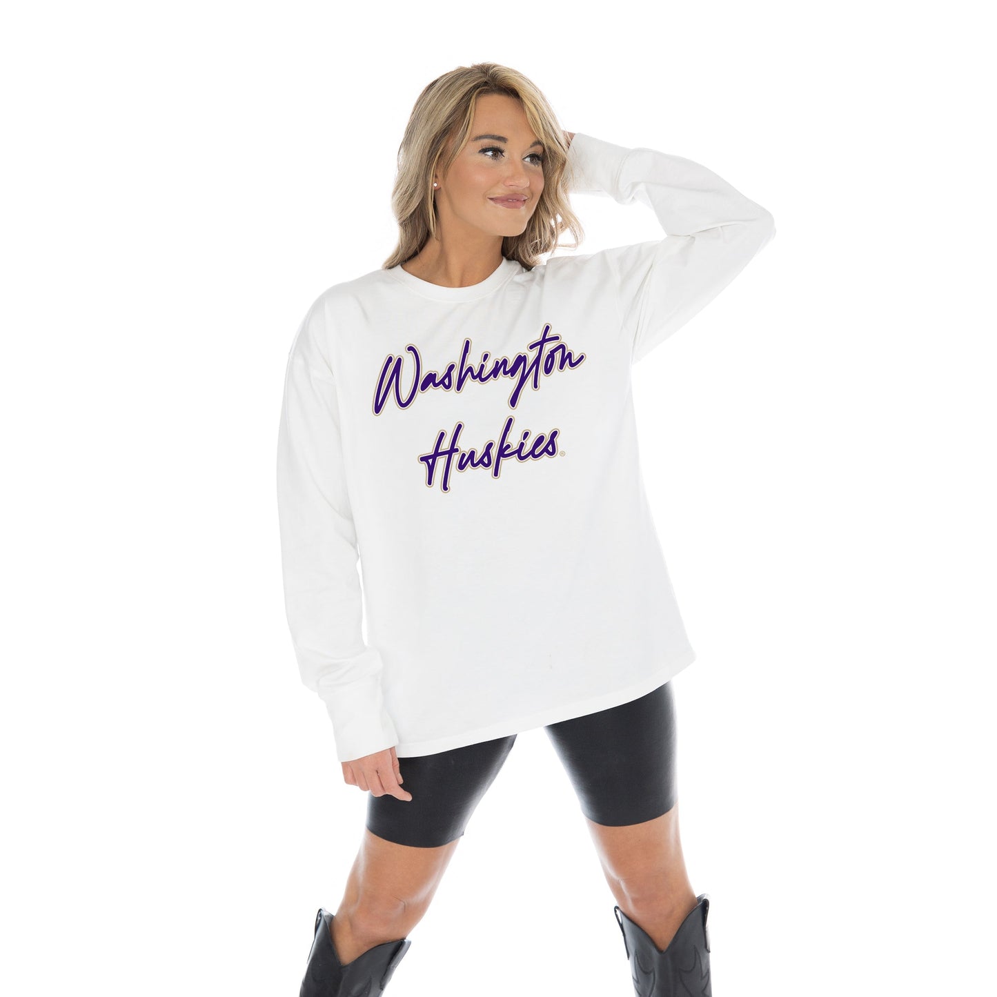 WASHINGTON HUSKIES CLASSIC COMEBACK OVERSIZED MIDWEIGHT LONG SLEEVE TEE WITH RIBBED NECKLINE AND CUFFS