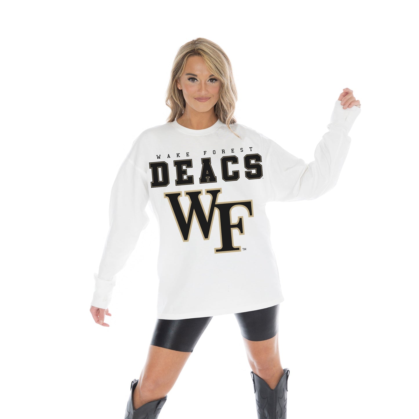 WAKE FOREST DEMON DEACONS BIG GOALS OVERSIZED MIDWEIGHT LONG SLEEVE TEE WITH RIBBED NECKLINE AND CUFFS