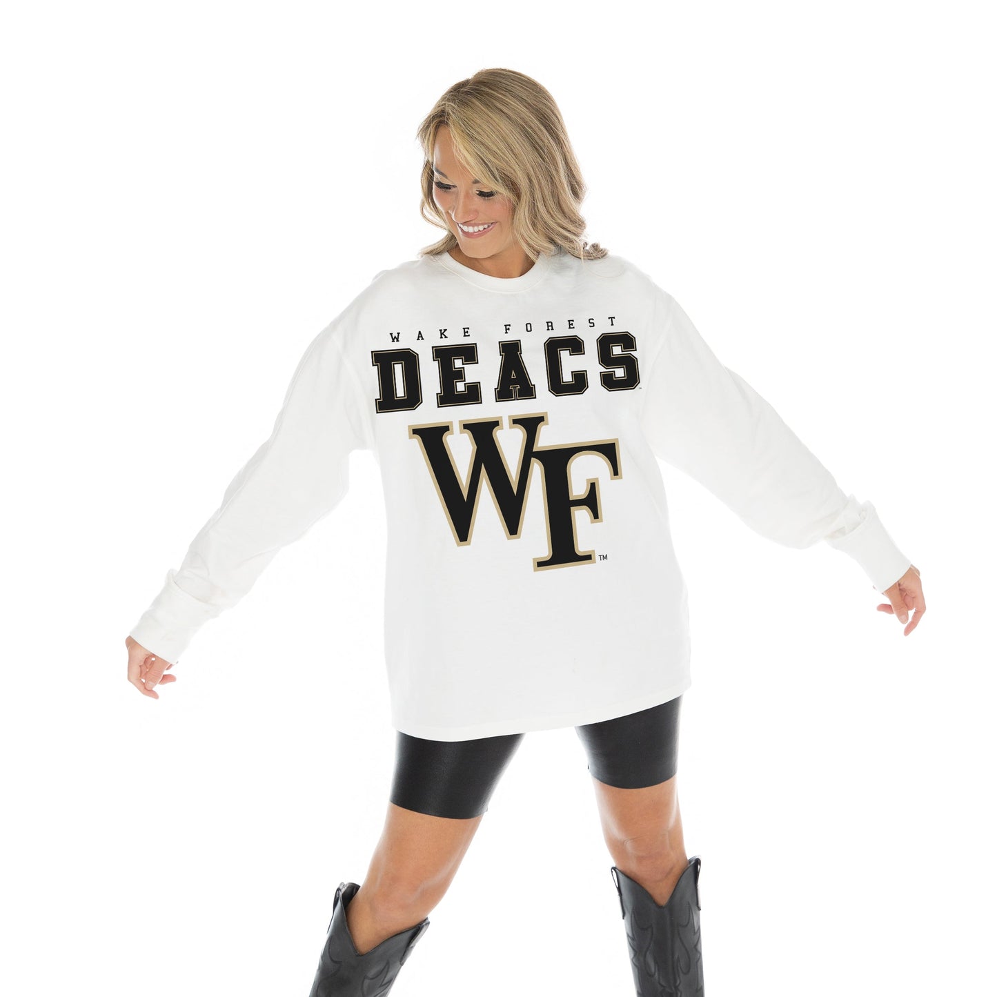 WAKE FOREST DEMON DEACONS BIG GOALS OVERSIZED MIDWEIGHT LONG SLEEVE TEE WITH RIBBED NECKLINE AND CUFFS