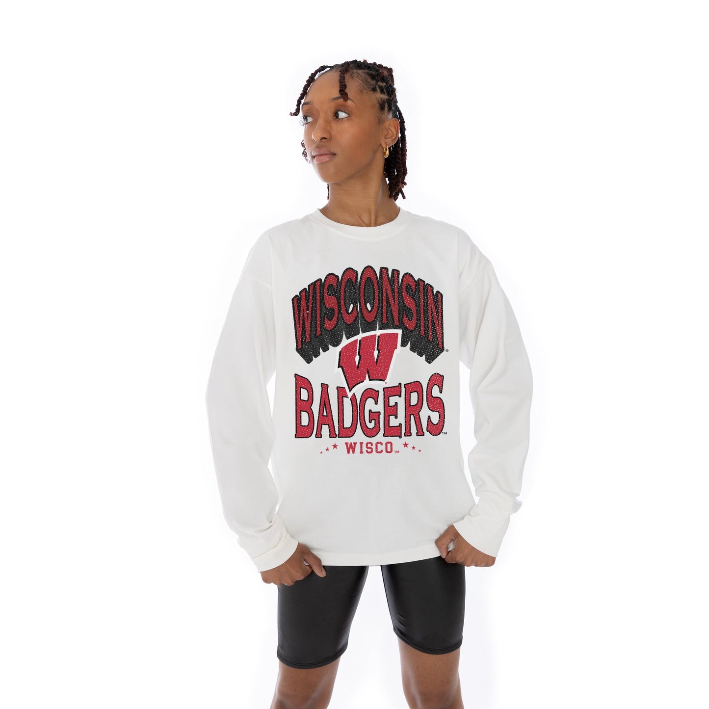 WISCONSIN BADGERS TIME OUT OVERSIZED MIDWEIGHT LONG SLEEVE TEE WITH RIBBED NECKLINE AND CUFFS