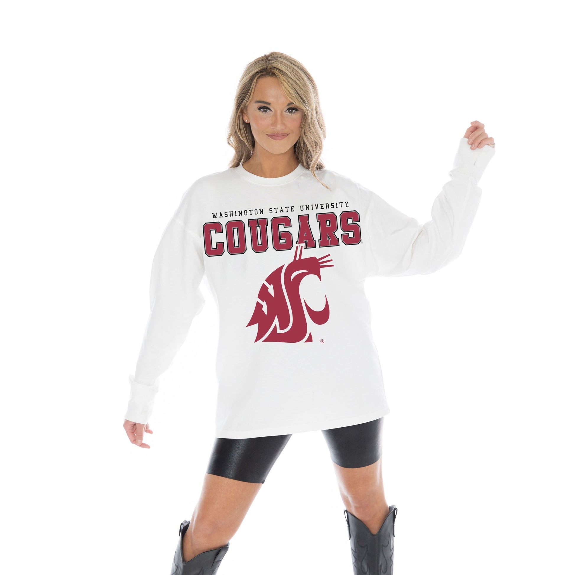WASHINGTON STATE COUGARS BIG GOALS OVERSIZED MIDWEIGHT LONG SLEEVE TEE WITH RIBBED NECKLINE AND CUFFS