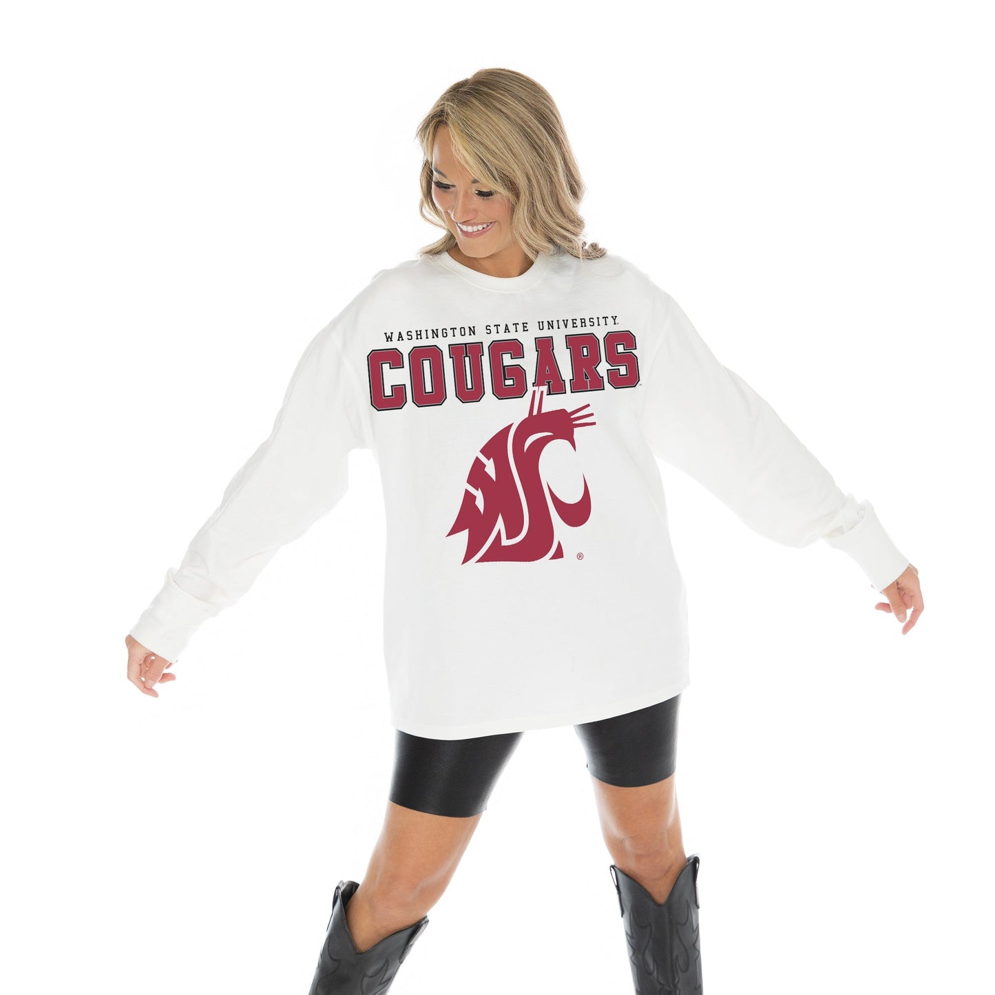 WASHINGTON STATE COUGARS BIG GOALS OVERSIZED MIDWEIGHT LONG SLEEVE TEE WITH RIBBED NECKLINE AND CUFFS