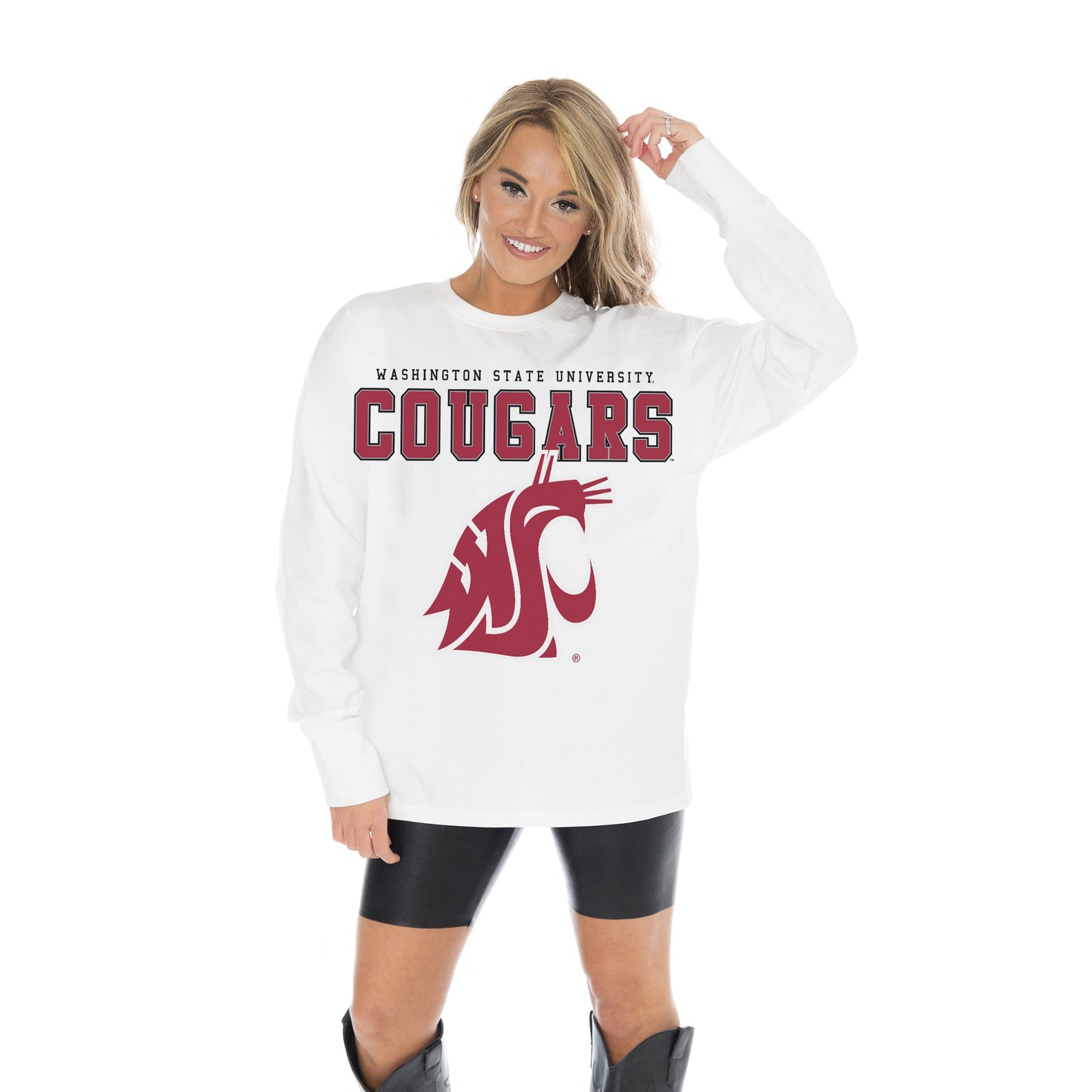 WASHINGTON STATE COUGARS BIG GOALS OVERSIZED MIDWEIGHT LONG SLEEVE TEE WITH RIBBED NECKLINE AND CUFFS