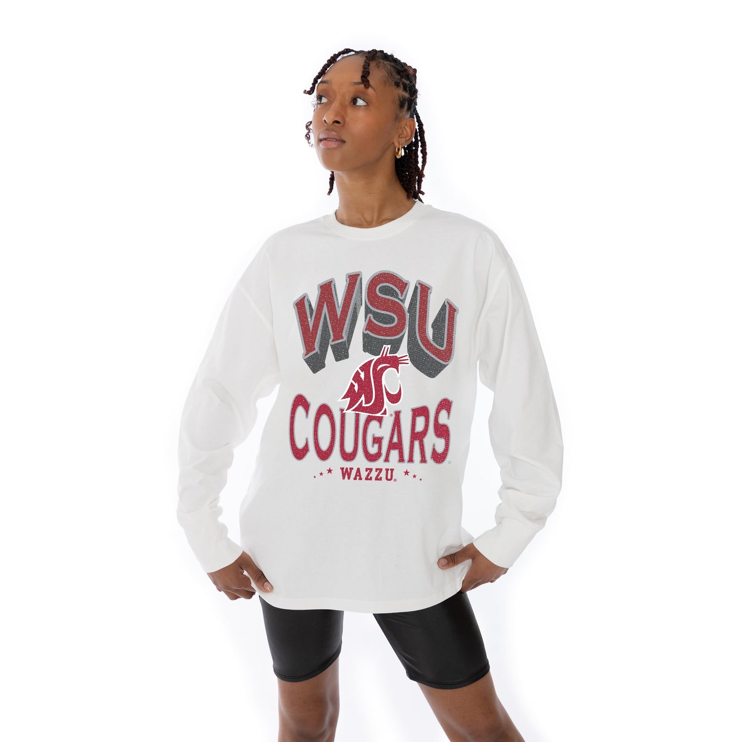 WASHINGTON STATE COUGARS TIME OUT OVERSIZED MIDWEIGHT LONG SLEEVE TEE WITH RIBBED NECKLINE AND CUFFS