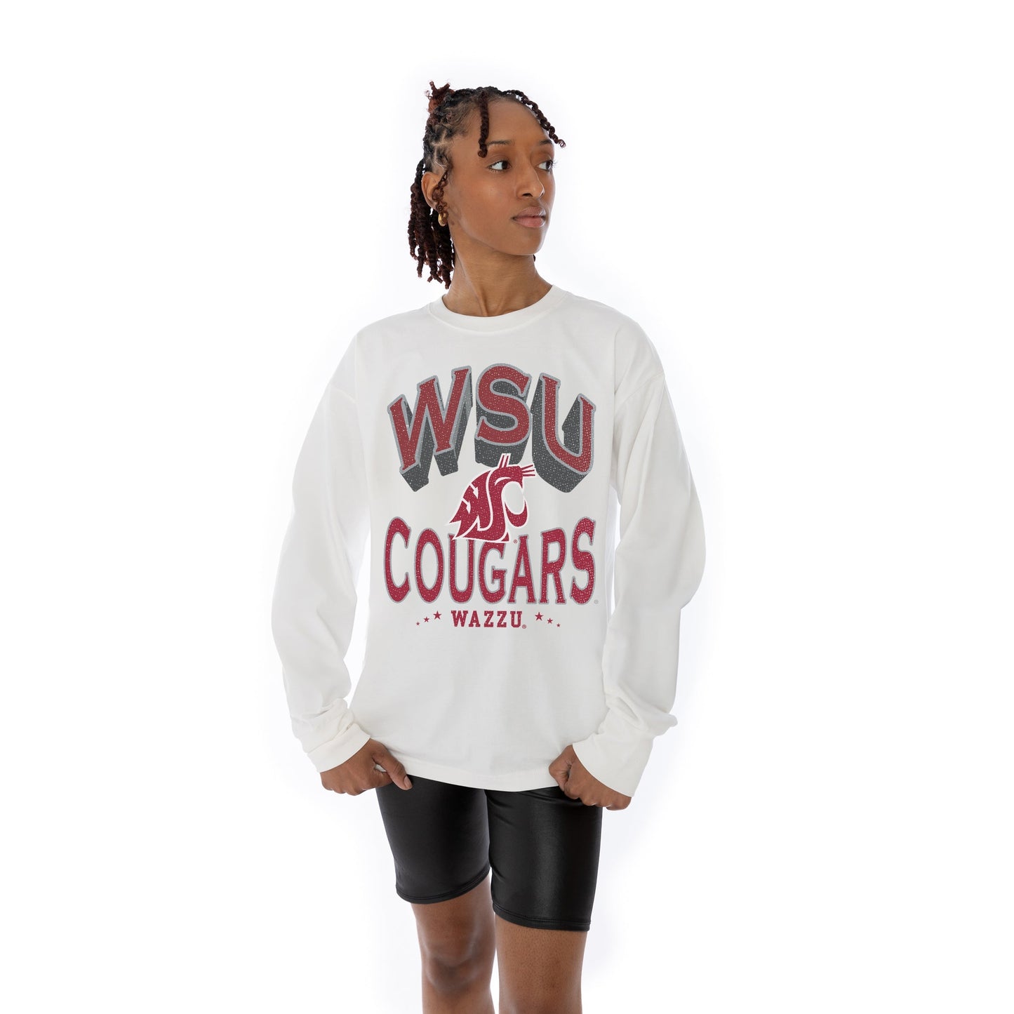 WASHINGTON STATE COUGARS TIME OUT OVERSIZED MIDWEIGHT LONG SLEEVE TEE WITH RIBBED NECKLINE AND CUFFS