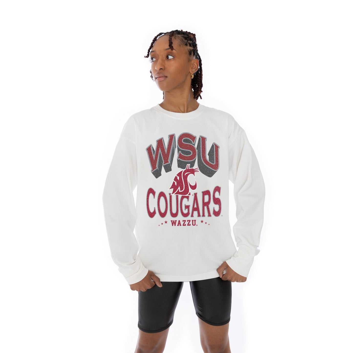 WASHINGTON STATE COUGARS TIME OUT OVERSIZED MIDWEIGHT LONG SLEEVE TEE WITH RIBBED NECKLINE AND CUFFS