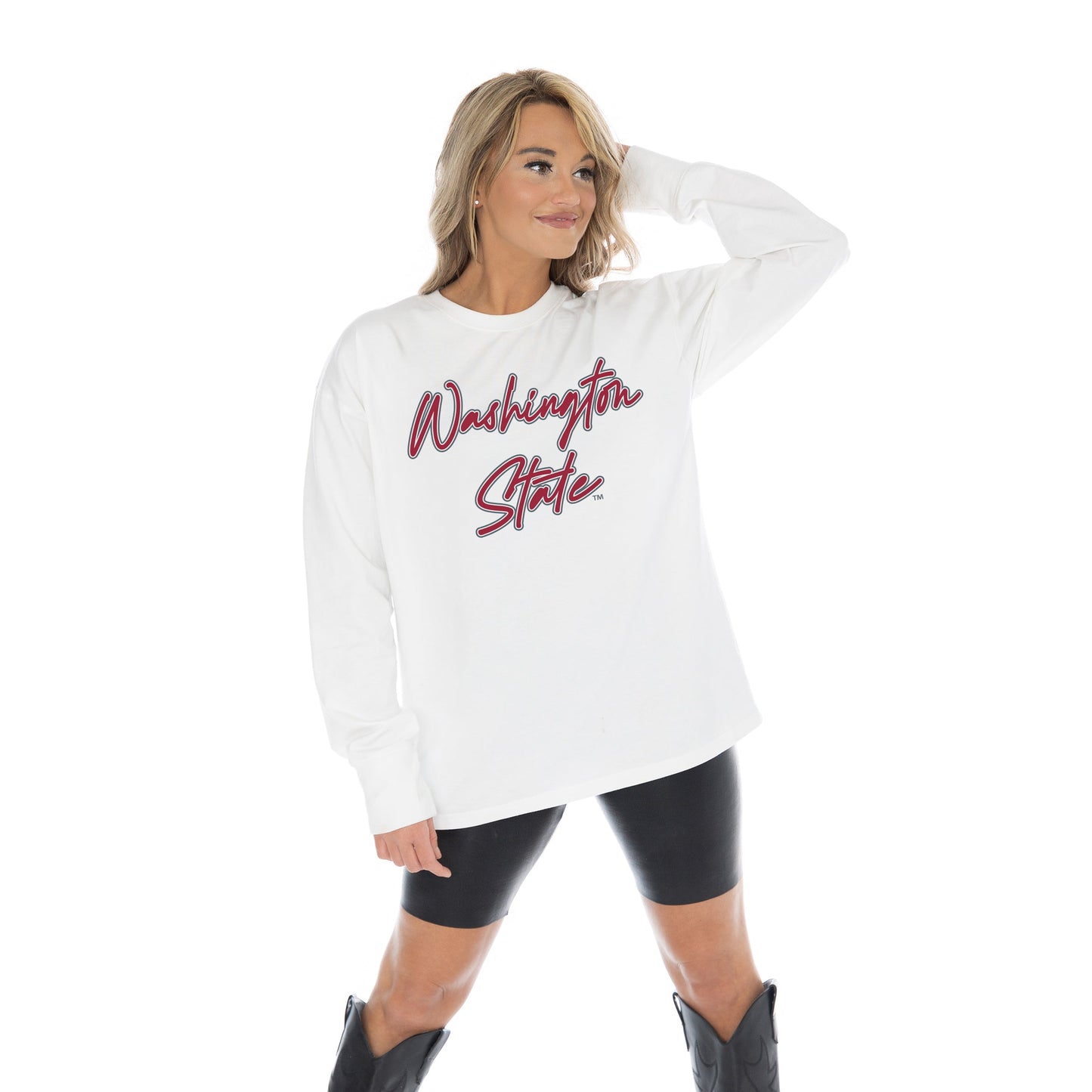 WASHINGTON STATE COUGARS CLASSIC COMEBACK OVERSIZED MIDWEIGHT LONG SLEEVE TEE WITH RIBBED NECKLINE AND CUFFS
