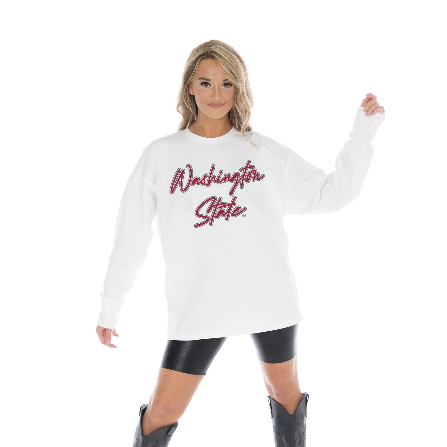 WASHINGTON STATE COUGARS CLASSIC COMEBACK OVERSIZED MIDWEIGHT LONG SLEEVE TEE WITH RIBBED NECKLINE AND CUFFS