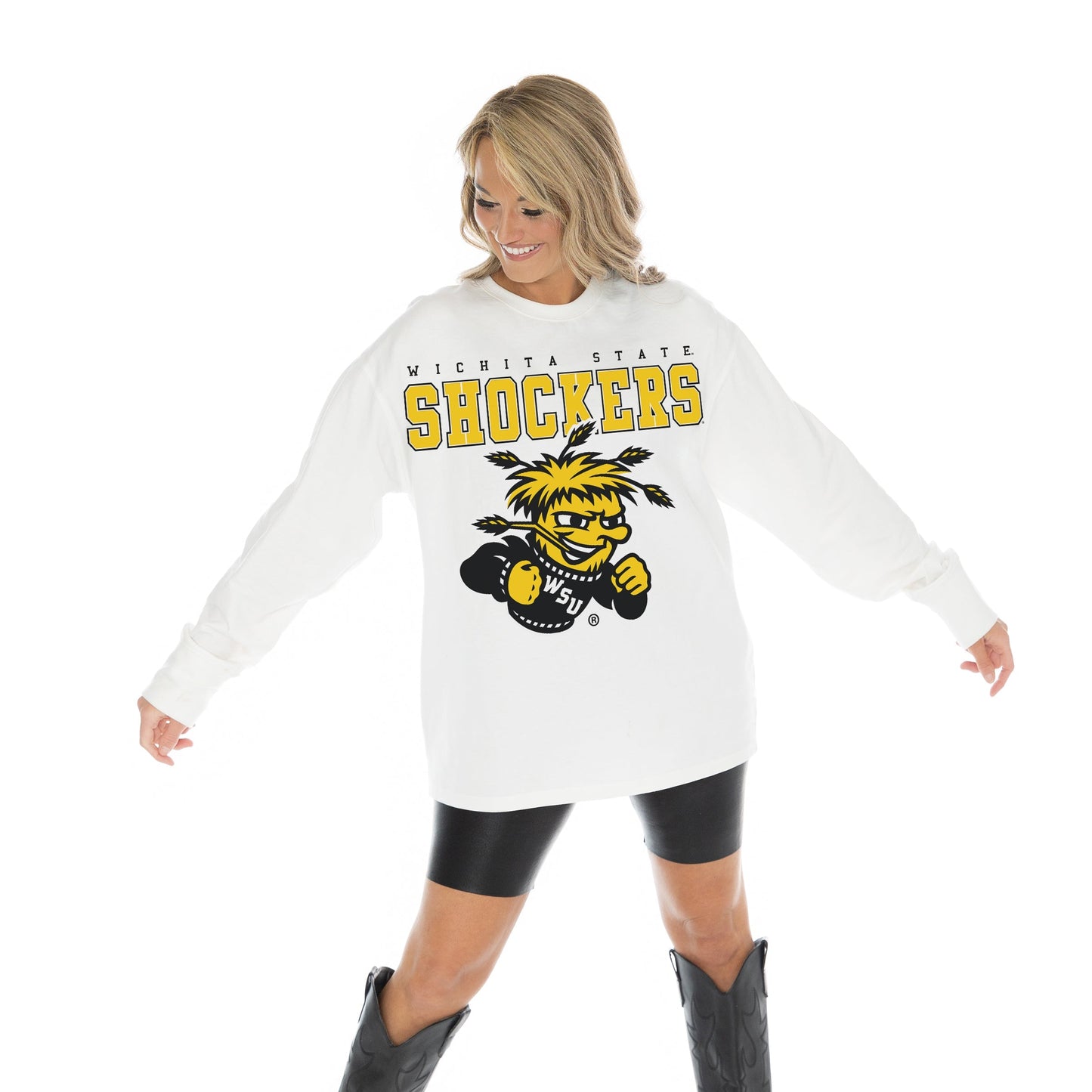 WICHITA STATE SHOCKERS BIG GOALS OVERSIZED MIDWEIGHT LONG SLEEVE TEE WITH RIBBED NECKLINE AND CUFFS
