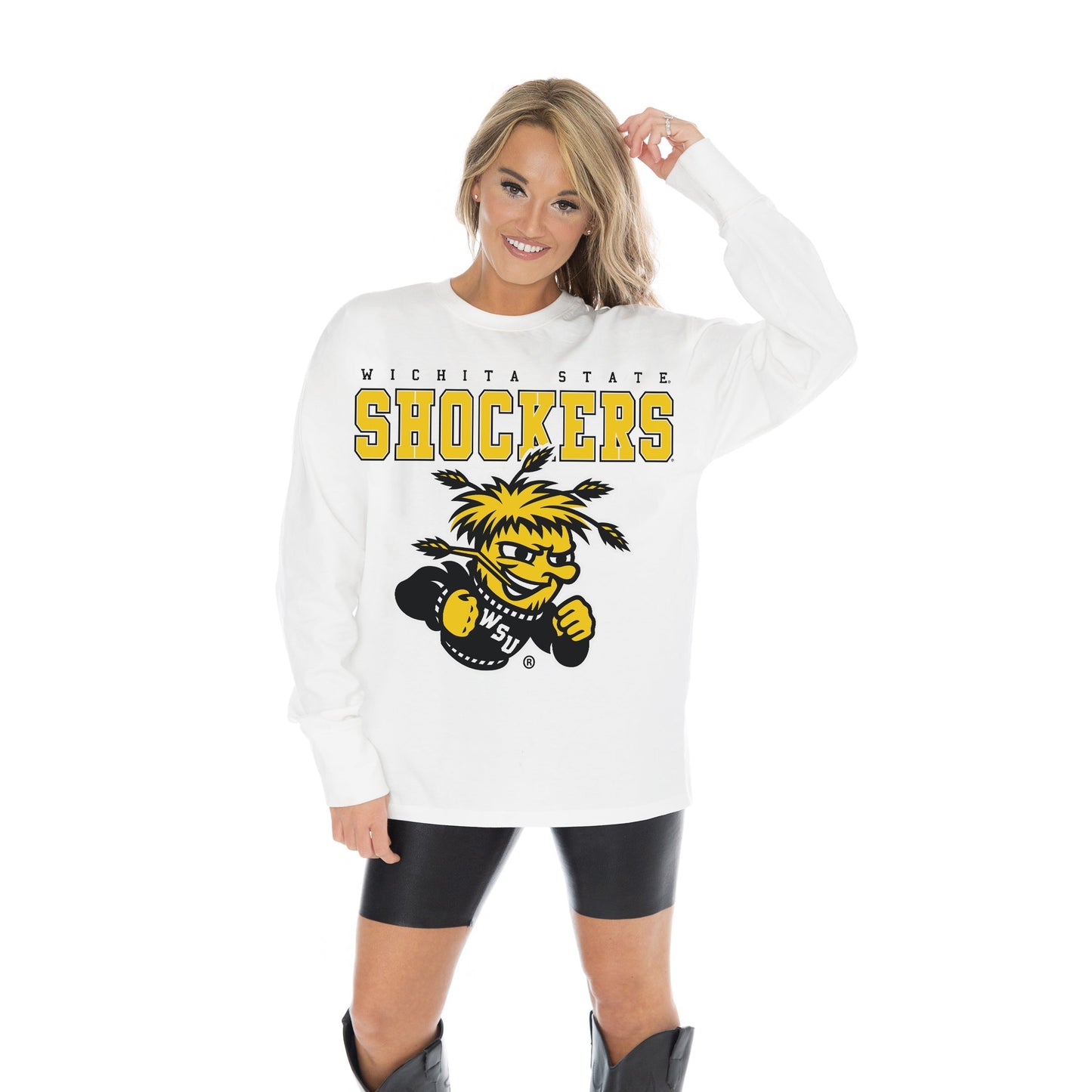 WICHITA STATE SHOCKERS BIG GOALS OVERSIZED MIDWEIGHT LONG SLEEVE TEE WITH RIBBED NECKLINE AND CUFFS