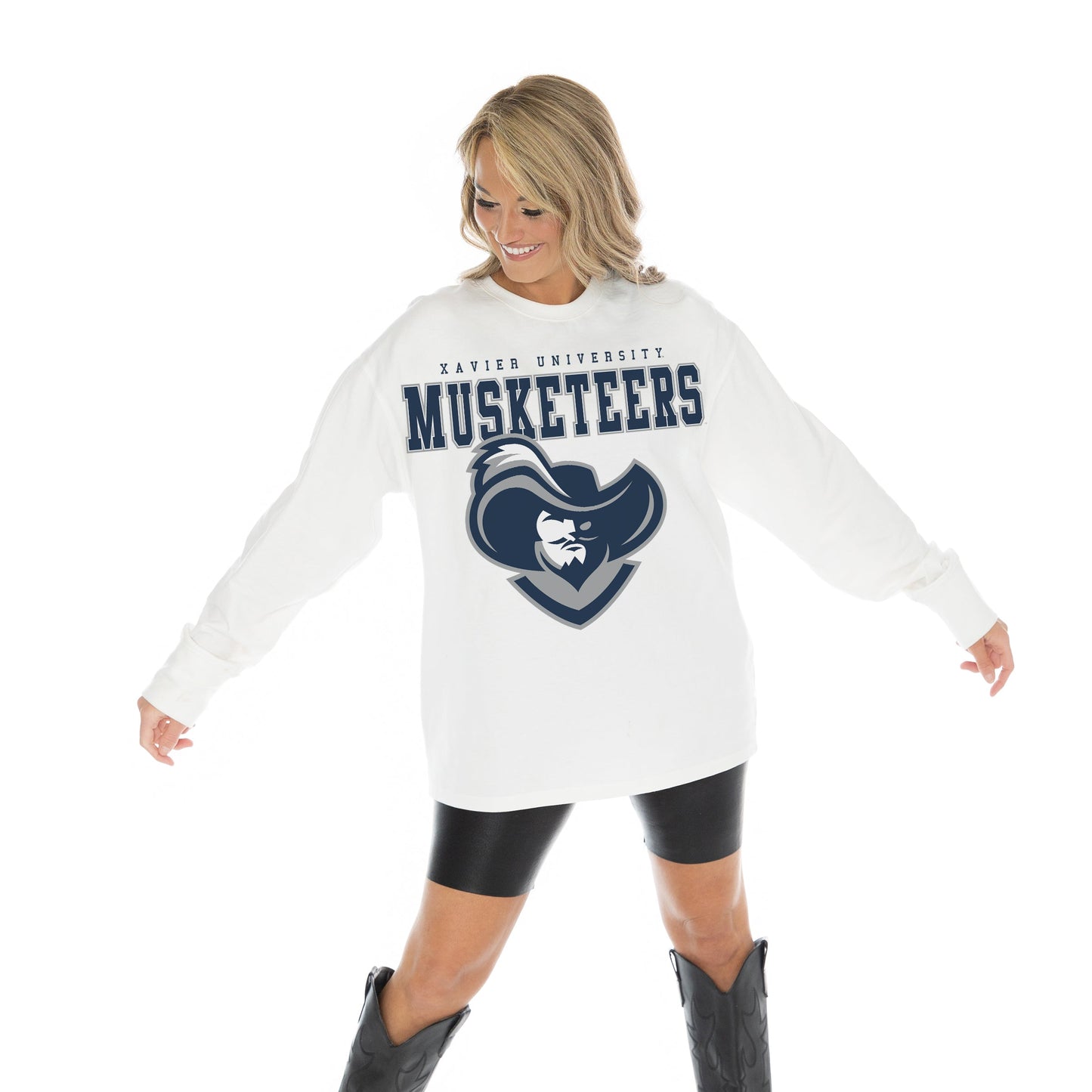 XAVIER MUSKETEERS BIG GOALS OVERSIZED MIDWEIGHT LONG SLEEVE TEE WITH RIBBED NECKLINE AND CUFFS