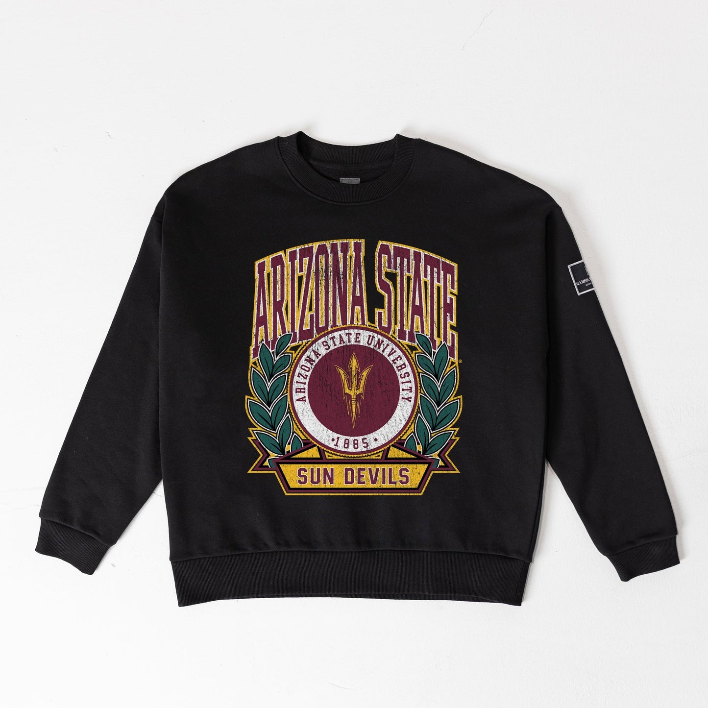 ARIZONA STATE SUN DEVILS VICTORY LANE BLACK LABEL PREMIUM FLEECE DROP SHOULDER CREWNECK