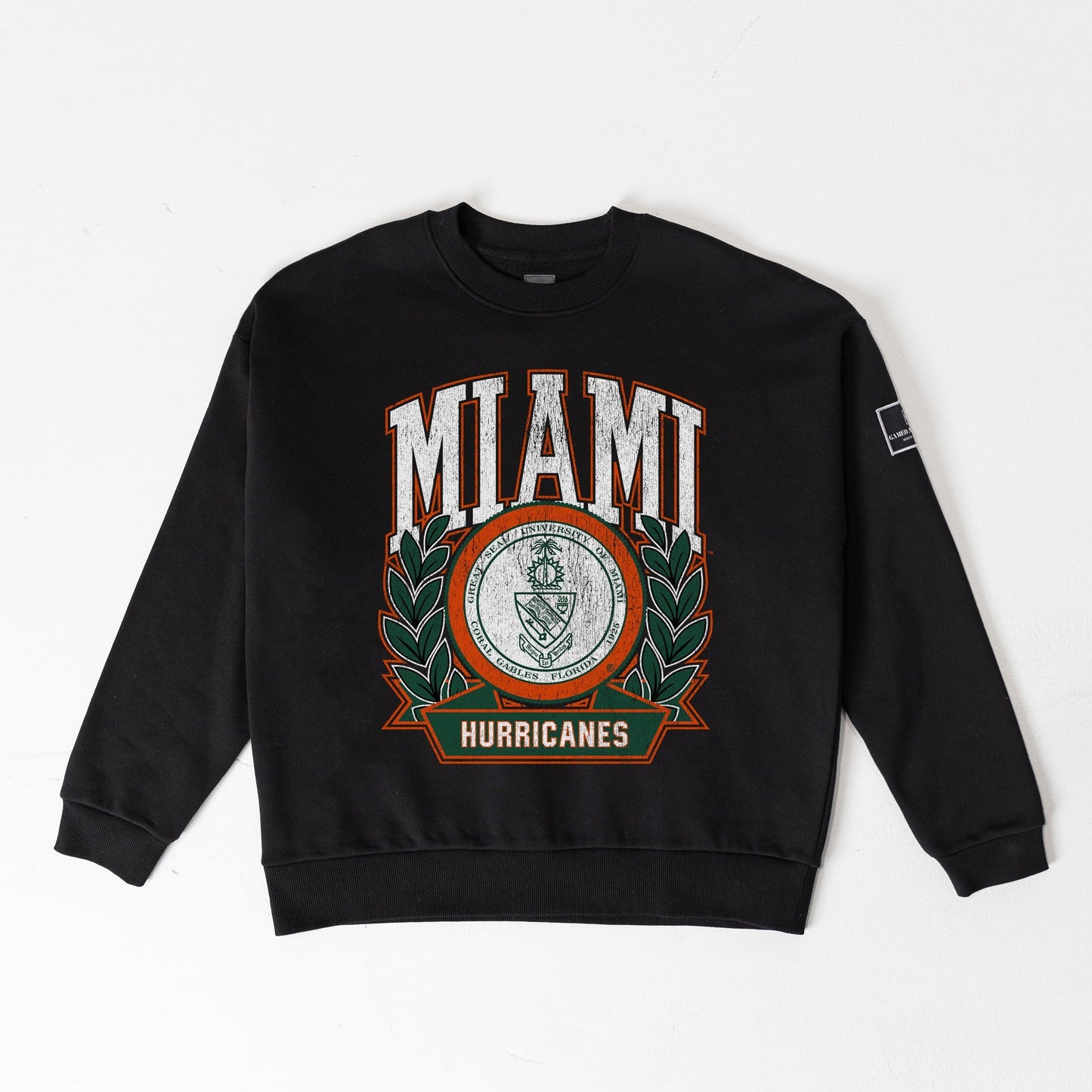 MIAMI HURRICANES VICTORY LANE BLACK LABEL PREMIUM FLEECE DROP SHOULDER CREWNECK